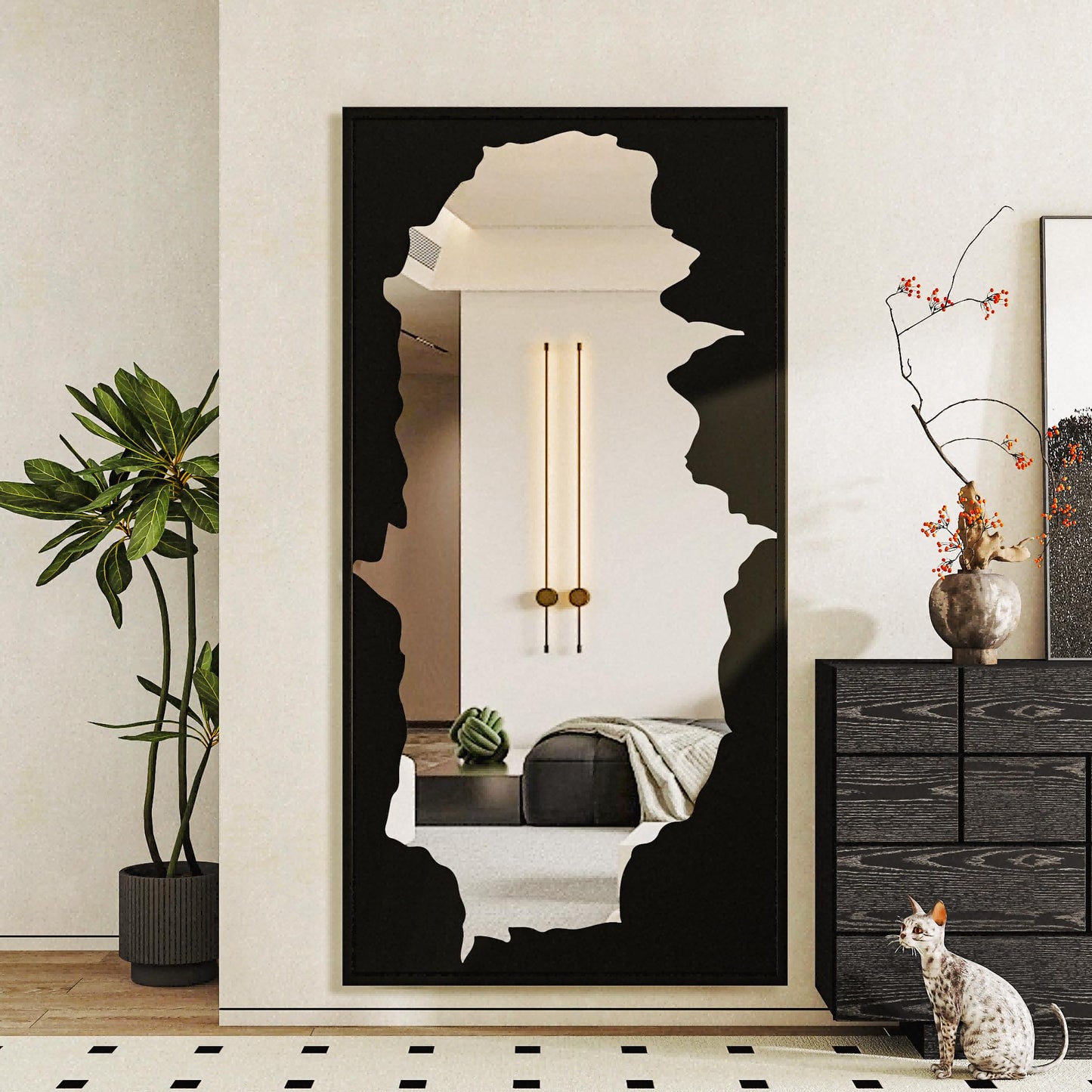 Bathroom Mirror with Black Artistic Decorative Design, Framed Rectangle Wall Mirror, 24"x36" Modern Hanging Mirror for Bathroom, Bedroom, Cloak Room, and Hallway