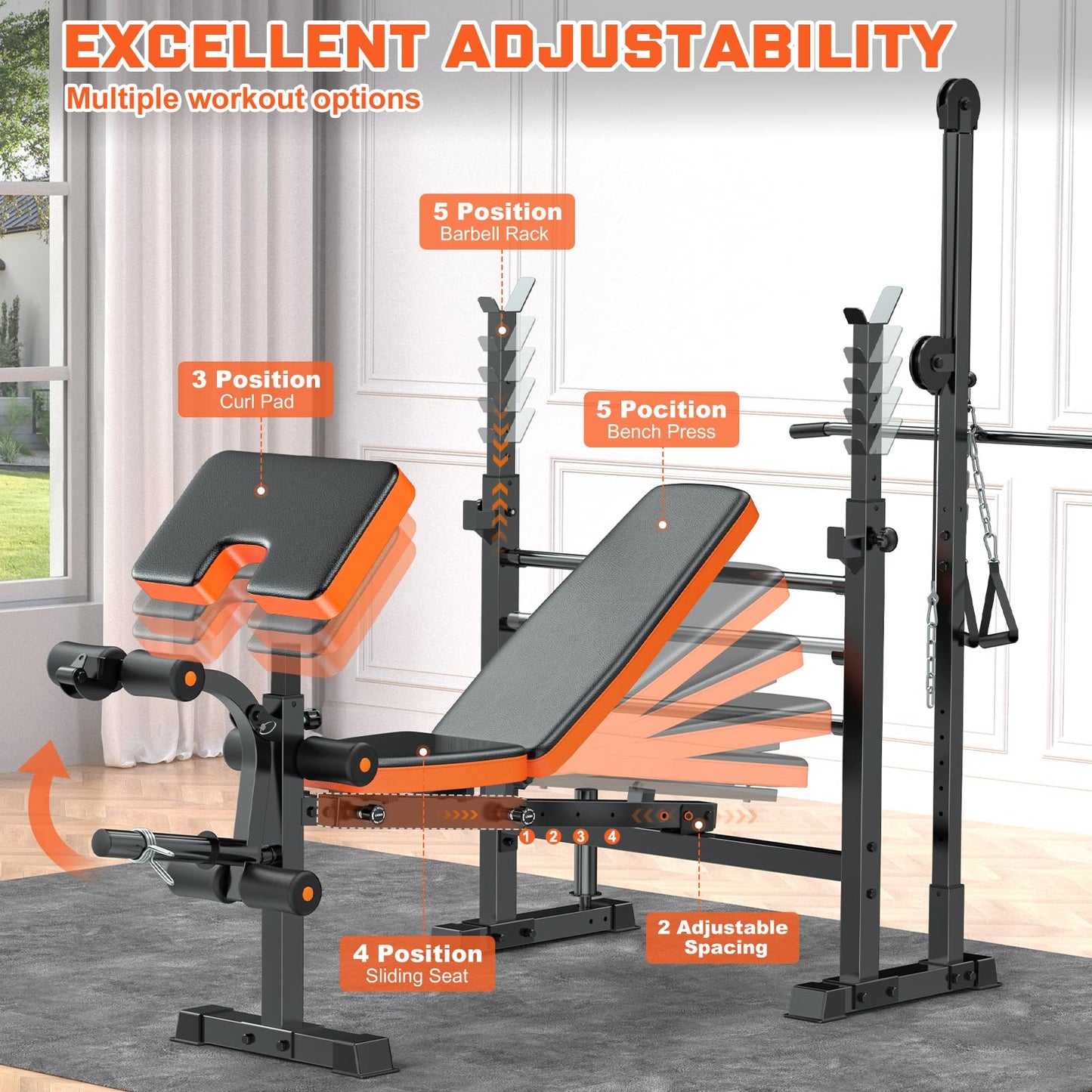 Fostoy 800lbs 8-in-1 Weight Bench – Lat Pulldown, Leg Extension/Curl, Press Bench with Preacher Curl & Adjustable Seat for Home Gym (800lbs 8-in-1 Weight Bench)