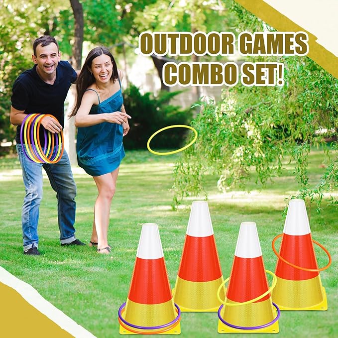 Leitee 6 Sets Candy Corn Ring Toss Game Plastic Cones Ring Toss Combo Set Mini Traffic Cones Toss Game for Sports Training Garden Backyard Outdoor Activities