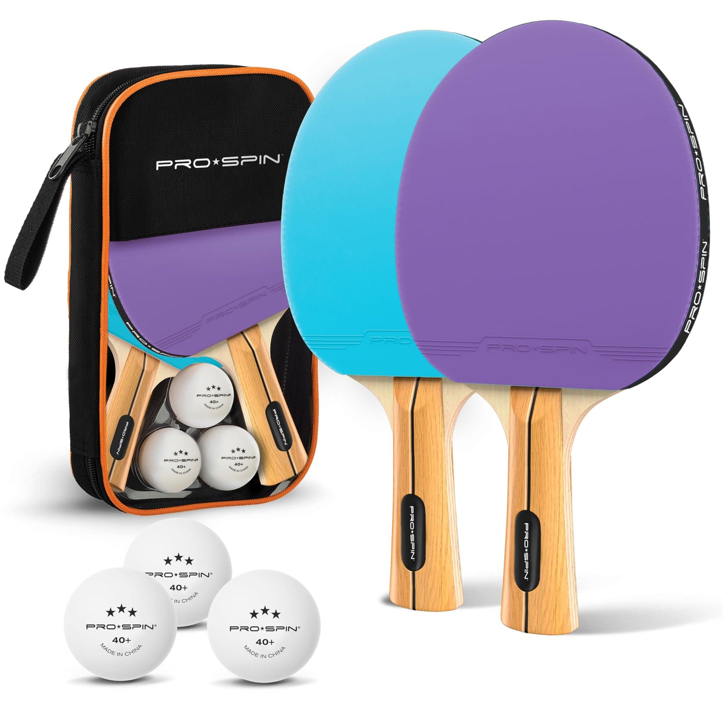 PRO-SPIN Ping Pong Paddles - High-Performance Set with Premium Table Tennis Rackets, 3-Star Ping Pong Balls, Storage Case | Professional Quality Ping Pong Paddle Set (Purple|Blue, 2-Player Set)