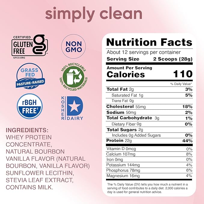 Simply tera's Pure Whey Protein Powder - Grass Fed Vanilla Whey Protein Powder, Clean, Made Without Artificial Sweeteners, Non-GMO, Kosher, rBGH-Free, Soy-Free - 12 Oz