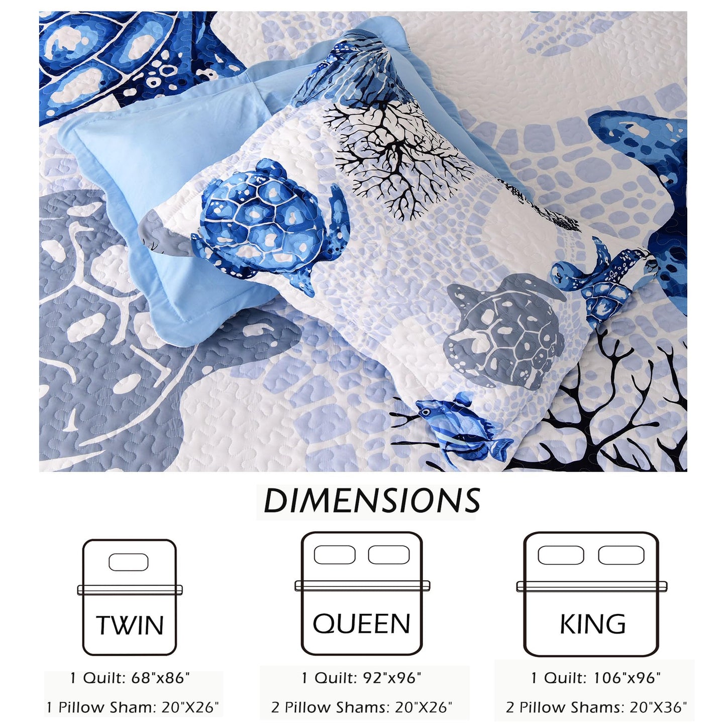 3 Piece Coastal Quilt Set King Size,Soft Lightweight Ocean Quilt,Beach Turtle Starfish Coral Printed Bedspread Bed Set with 2 Shams,Summer Quilt Bedding Set for All Season (106”x96”,Navy Blue)