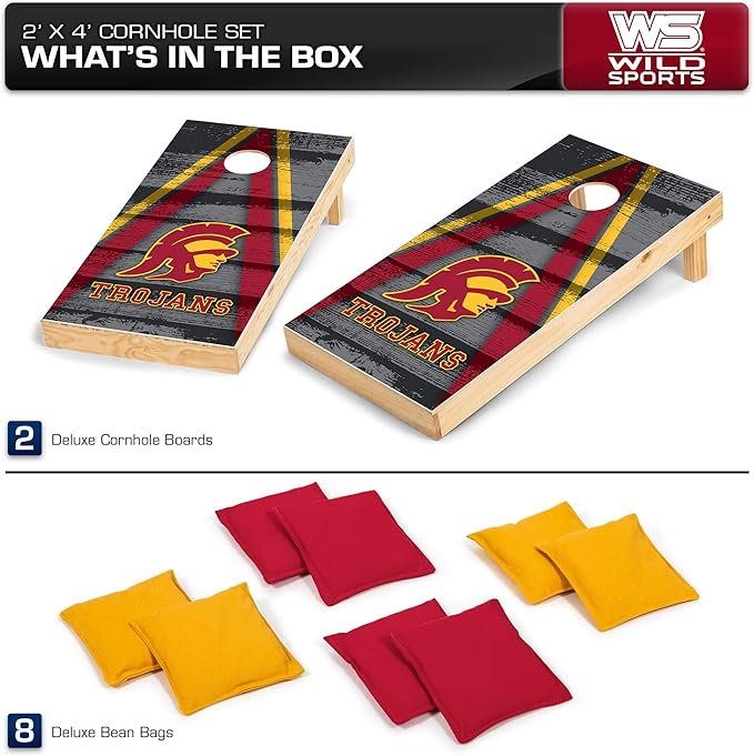 Wild Sports NCAA College 2' x 4' Wood Direct Print Tournament Cornhole Set, 8 Bean Bags, Vintage Triange Design - Tailgate, Outdoor, Backyard