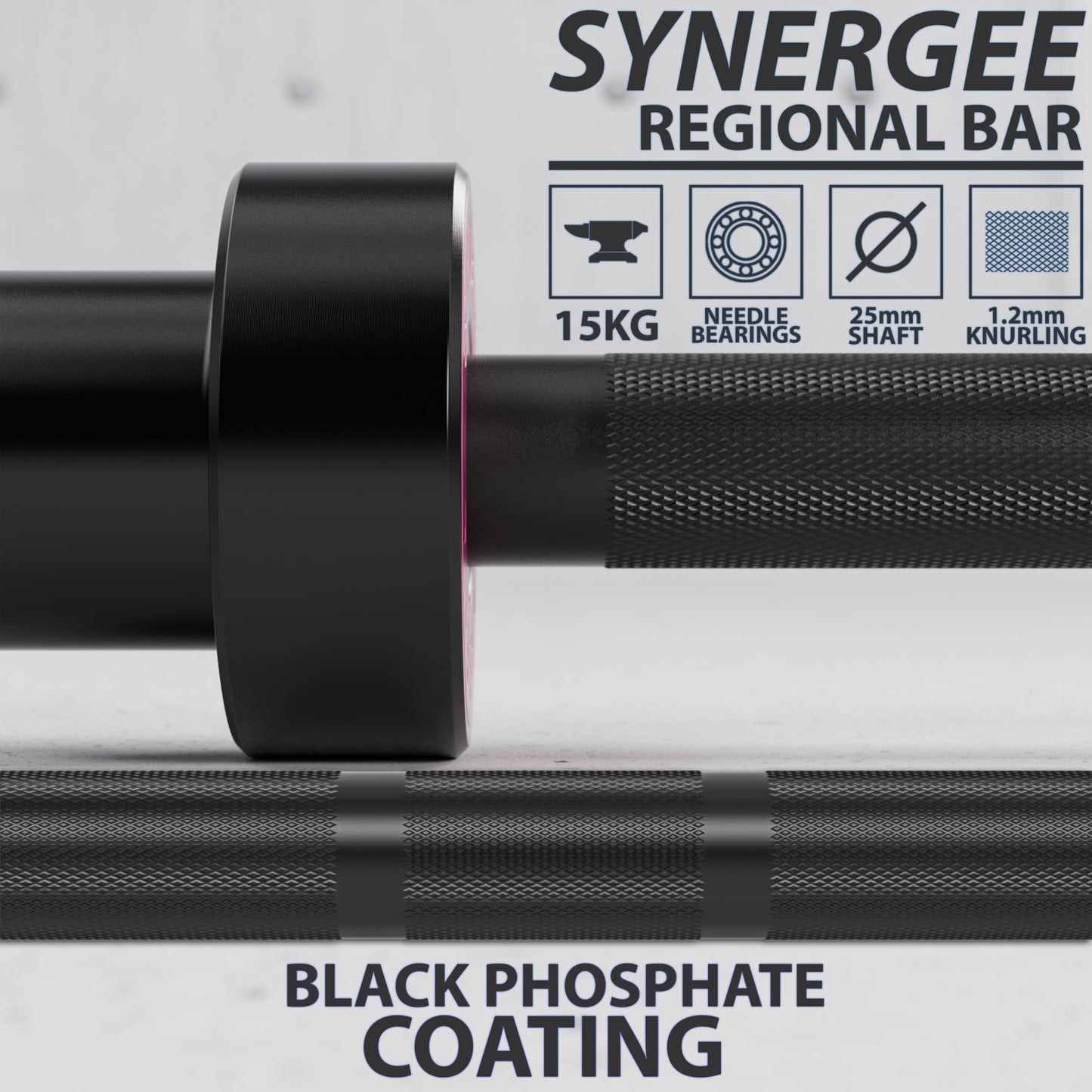 Synergee Regional Olympic 15kg Women’s Black Phosphate Barbell. Rated 1500lbs for Weightlifting and Powerlifting.