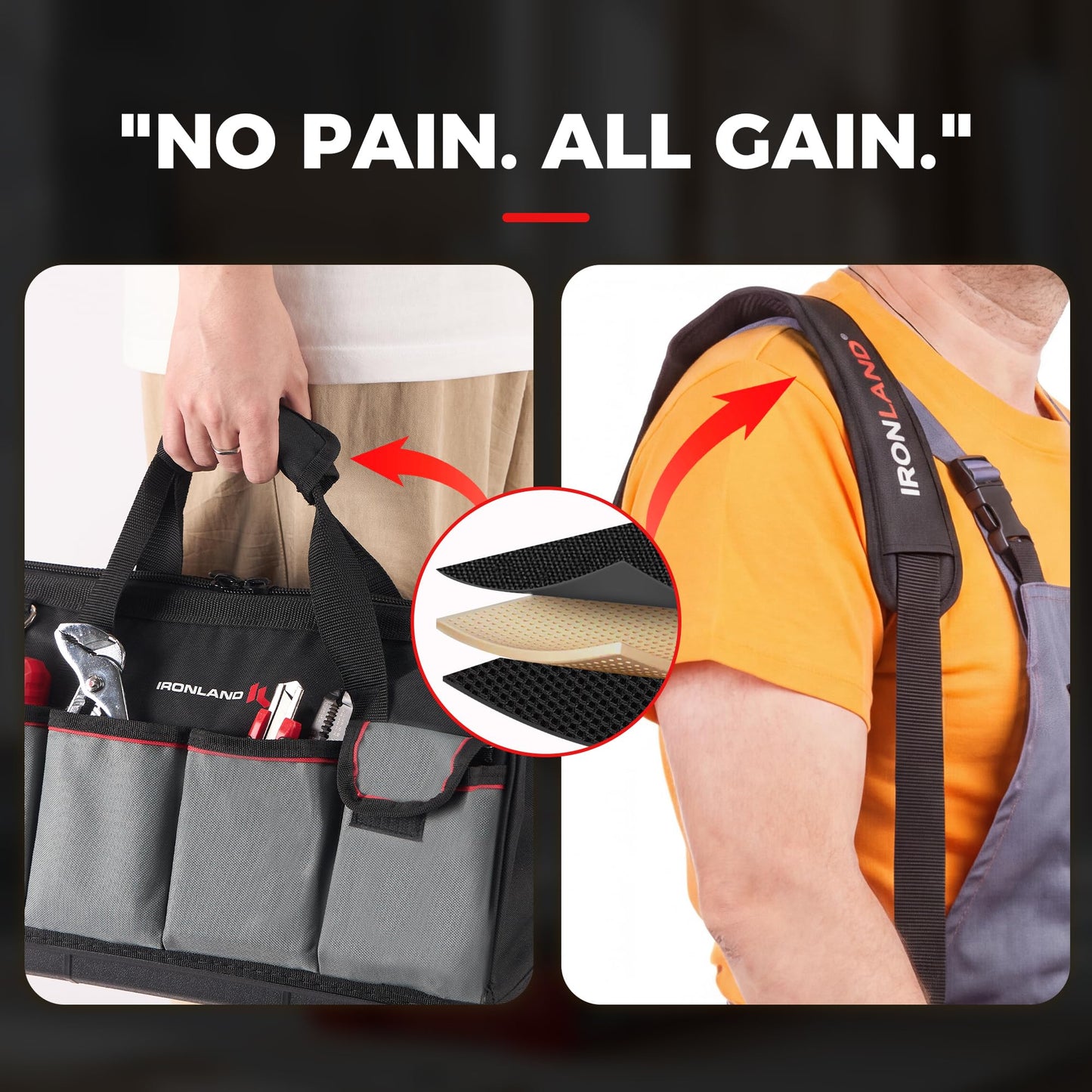 IRONLAND 16.5 Inch Hard & Sturdy Bottom Tool Bag Organizer for Men, Waterproof Heavy Duty Tool Bag with Handle & Large Zipper, Ideal for Mechanics Electrician Handyman Hvac, Great Gift for Dad