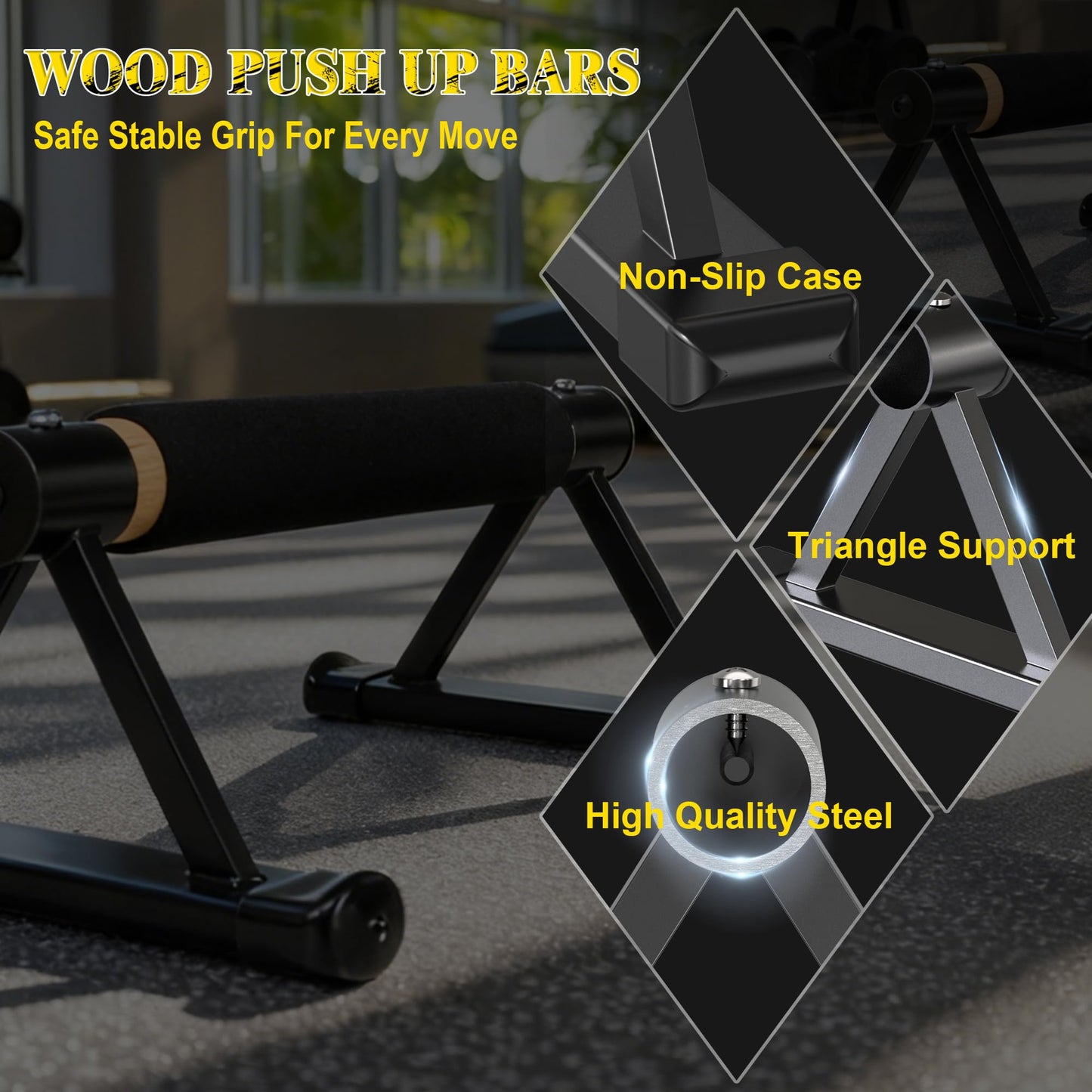 Wood Parallettes Push Up Bars, Solid Wooden Handstand Bars with Anti-Slip Grip, Sturdy Metal Bracket Supports 600 lbs for Calisthenics, Fitness and Floor workout