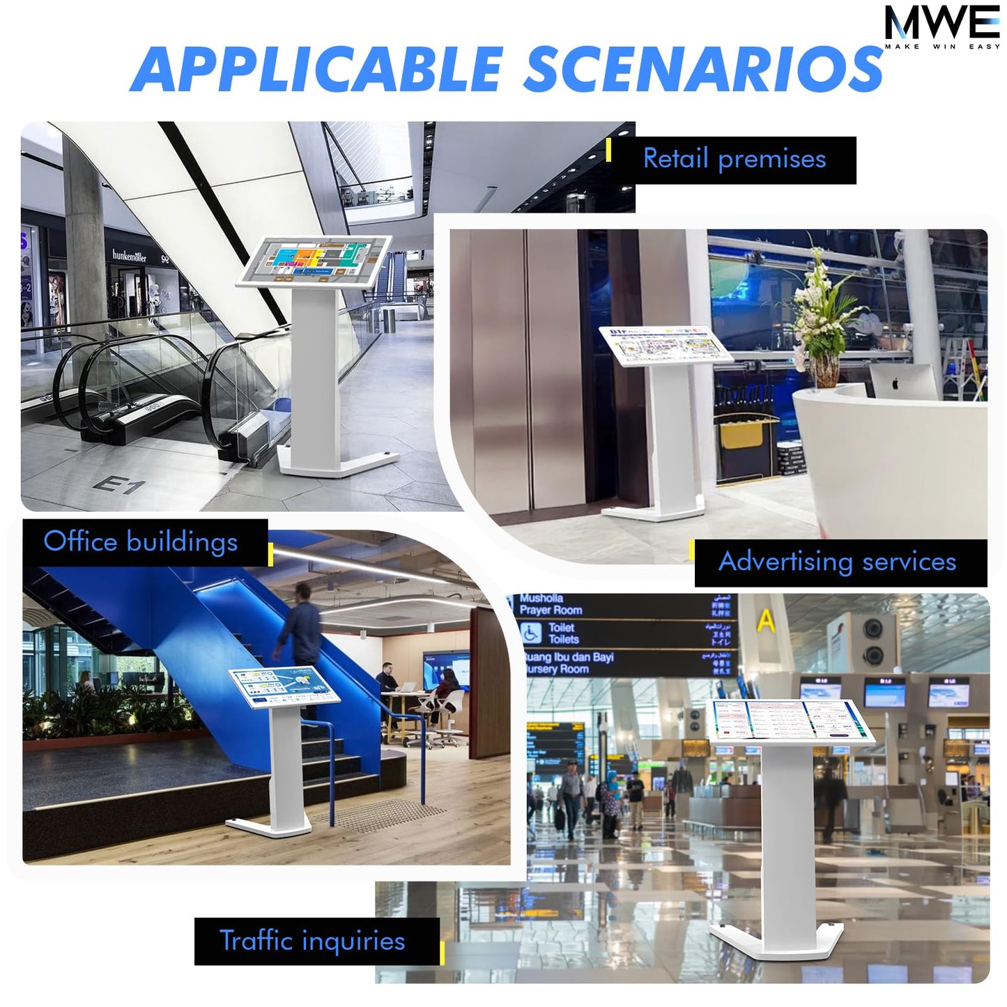 MWE 21.5 Inch Touch-screen Self Service Kiosk, Floor Standing Digital Signage Display, FHD Information Kiosk, 2 Speakers, Interactive Display for Mall Navigation/Self-Ordering/Advertising/Retail Store