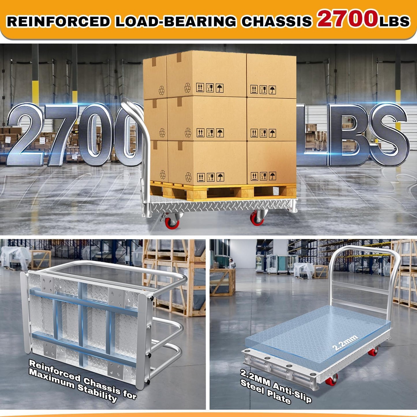 2IN1 Steel Panel Cart Dolly – Large Heavy Duty Drywall Lumber Truck Cart with 2700 LBS Capacity, 40 x 24 Inch 2.2MM Steel Plate, 6.3" Swivel Brake Wheels, 1 Front & 3 Side Handrails