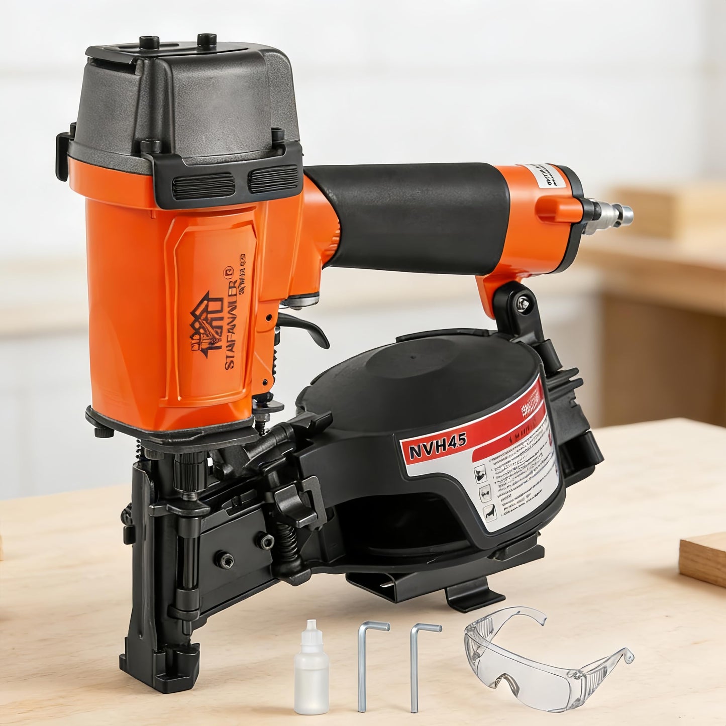 Stafanailer NVH45 Roofing Nail Gun, 15 Degree Pneumatic Pistola De Roofing, 7/8" to 1-3/4" Nails Compatibility, 3/8 NPT Air Connector, 120-Pcs Load Capacity for Roofing Constructions (Org-Blk Ver)