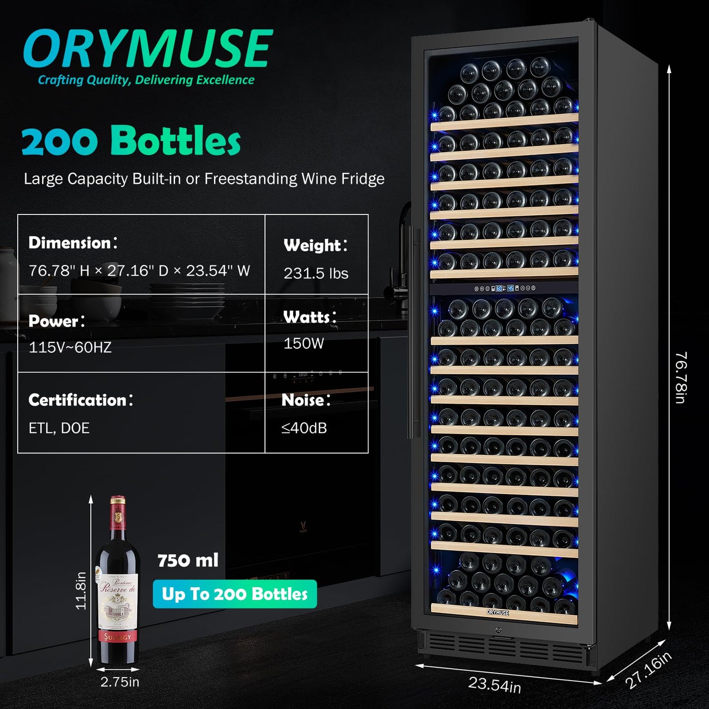 200 Bottle Dual Zone Wine Fridge – 24 Inch Large Capacity Wine Cooler Refrigerator Freestanding/Built-In with Upgraded Compressor, Low-Noise Wine Cellar & Intelligent Temperature Control - Black