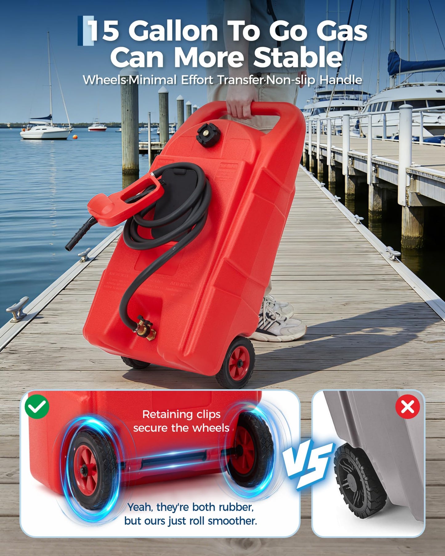 Garvee Slim 15 Gallon Gas Can, Fuel Tank Container with LE Fluid Transfer Manual 10 FT Siphon Pump, Portable Diesel Gas Storage Caddy Wheels for ATV, Weeder, Boat, Tractor, Snow Blower,Generator