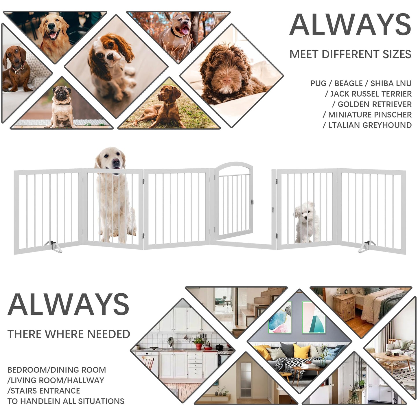 JSB 144-inch Extra Wide 30-inch Tall Dog gate with Door Walk Through, Freestanding Round Tube Pet Gate for Halls Stairs, Puppy Safety Dog Fence with 2PCS Support Feet (White)