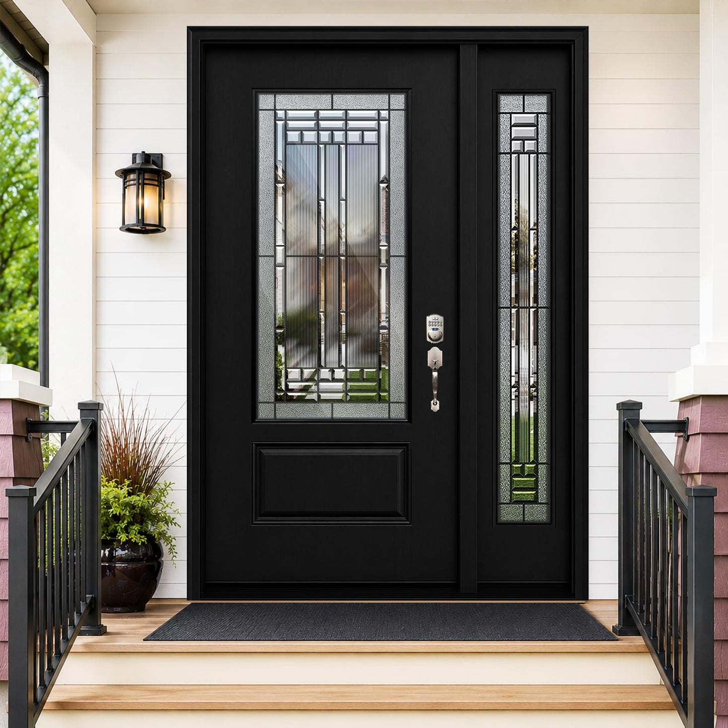 53x80in Fiberglass Front Entry Door with 14in Sidelight, Black Exterior Door for Home, Left-Hand Inswing, Textured Finished with Decorative Glass Knock-Down Door, Vinyl Frame and Brickmould Included