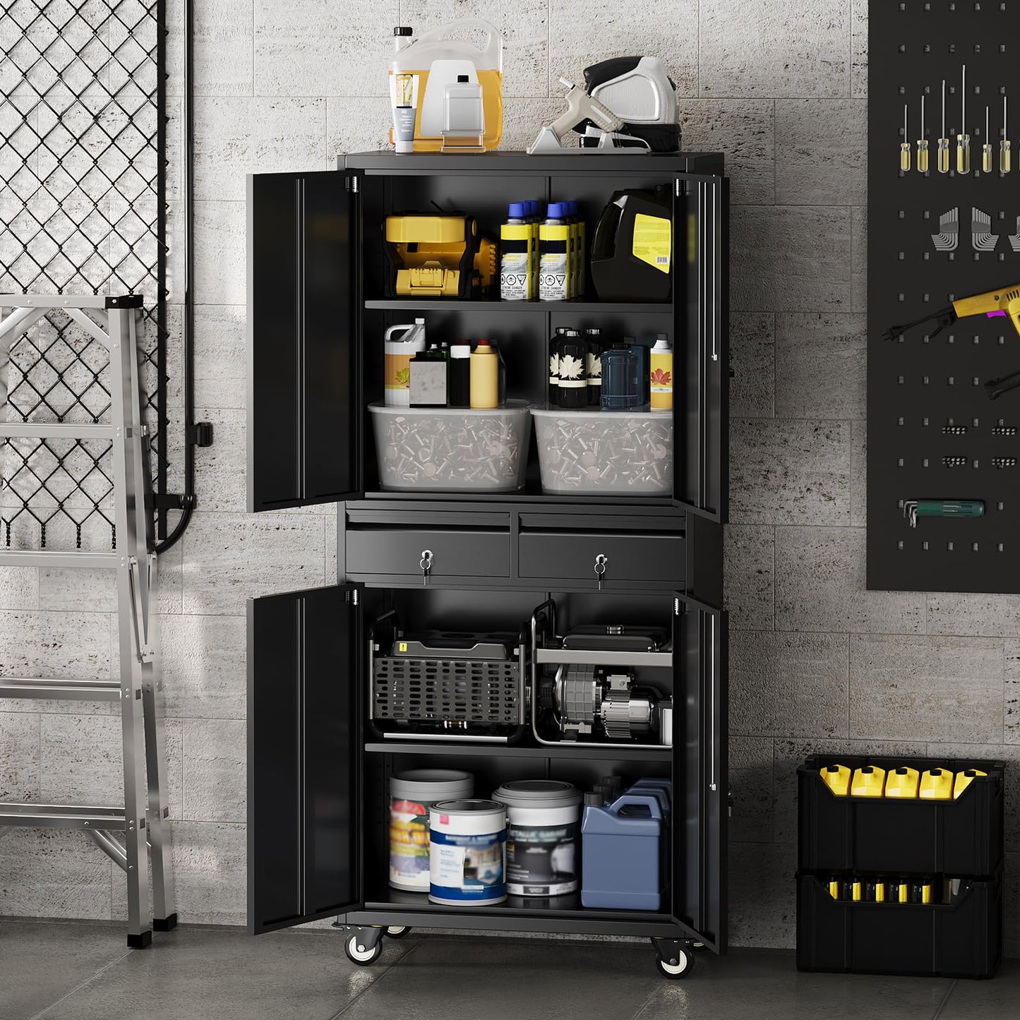 MegaChoice 73in Metal Garage Storage Cabinet with Wheels, Locking Doors, 2 Deep Drawers & 2 Adjustable Shelves, Rolling Garage Tool Organizer & Steel Cabinet for Workshop, Office, Home Organization