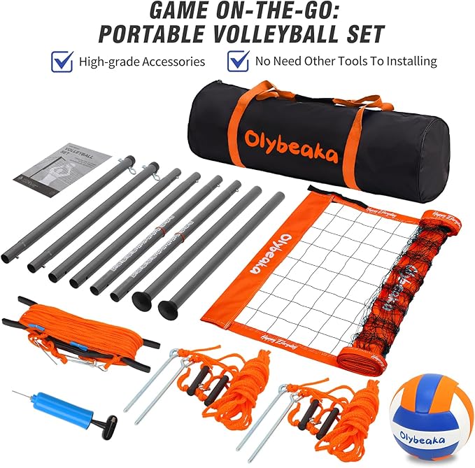 Outdoor Portable Volleyball Net Set for Backyard Beach with Adjustable Heavy Duty Poles, Durable Net, PU Volleyball & Pump, Carry Bag
