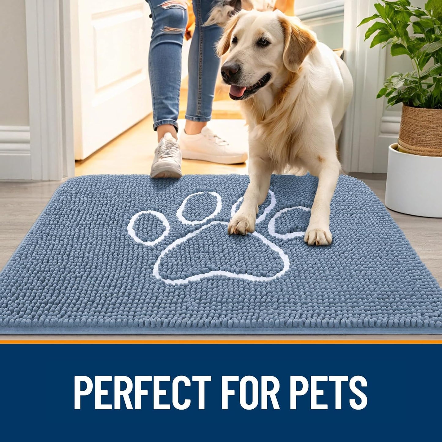 OLANLY Dog Door Mat - Absorbent Muddy Paws Doormat | Non-Slip Chenille, Quick Dry, 32x20, Airy Blue & White