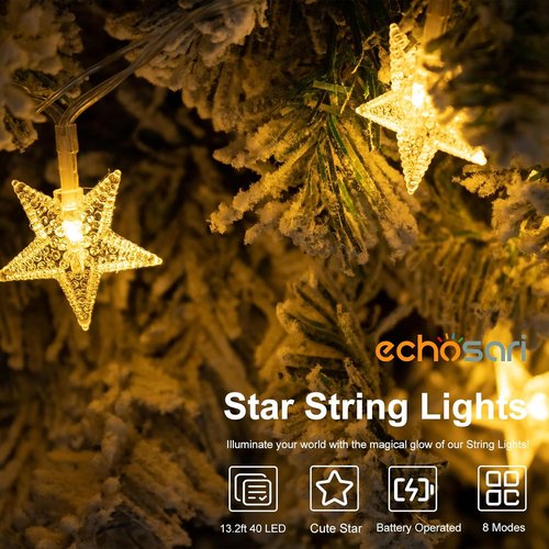 Echosari Star String Lights - Battery Operated LED Fairy Lights with Auto Timer | 158in, 8 Modes, Warm White