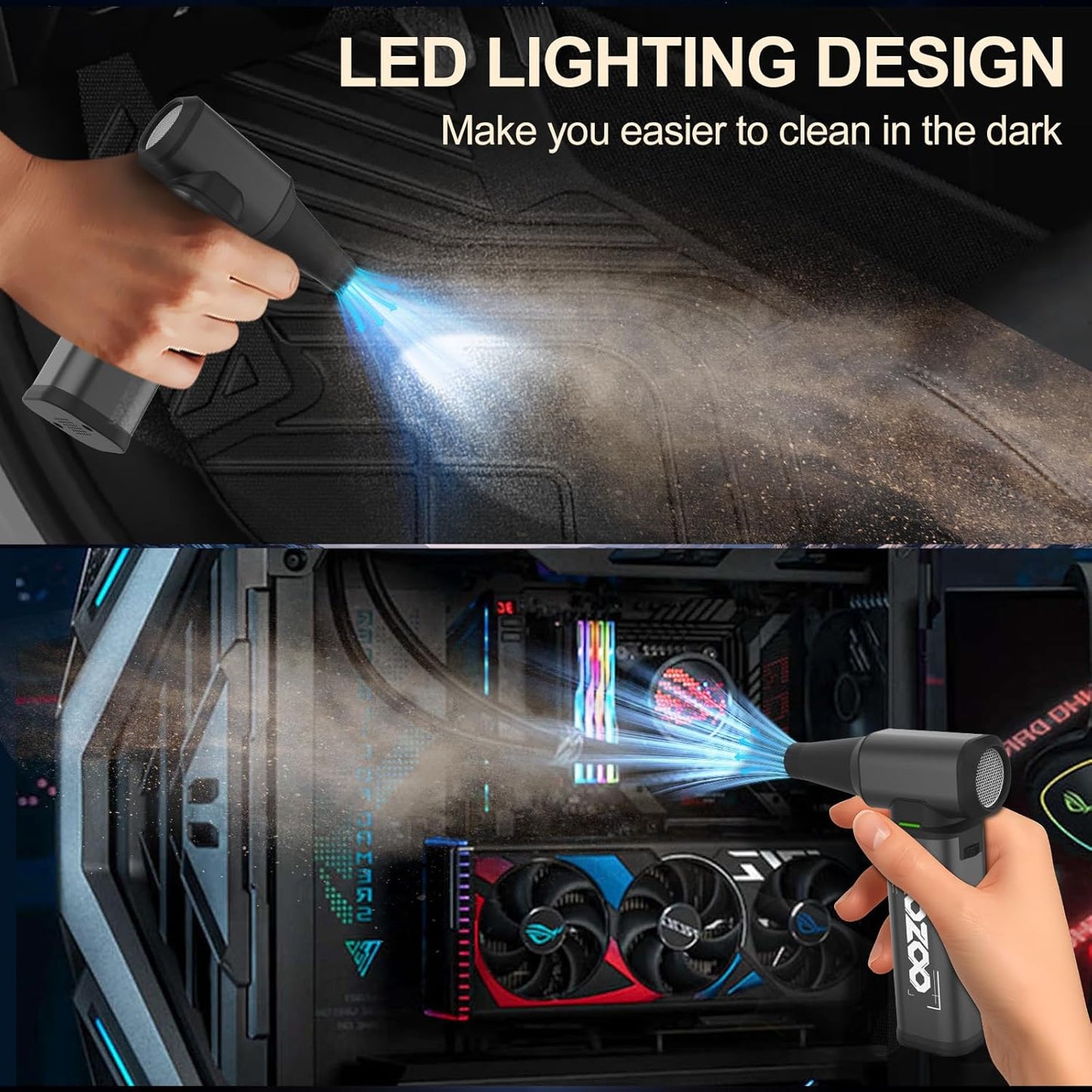 180000RPM Compressed Air Duster, Powerful Cordless Electric Air Duster with Brushless Motor and LED Light, Rechargeable