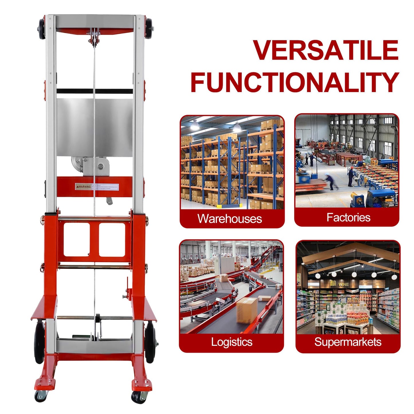 ELOMBR 122" 400lbs Material Lift Winch Stacker with Upgrade Effortless Winch, Hand Winch Lift Truck with Fixed-Leg, Manual Material Lifter Pallet Stacker for Contractor, Workshop, Industrial, Red