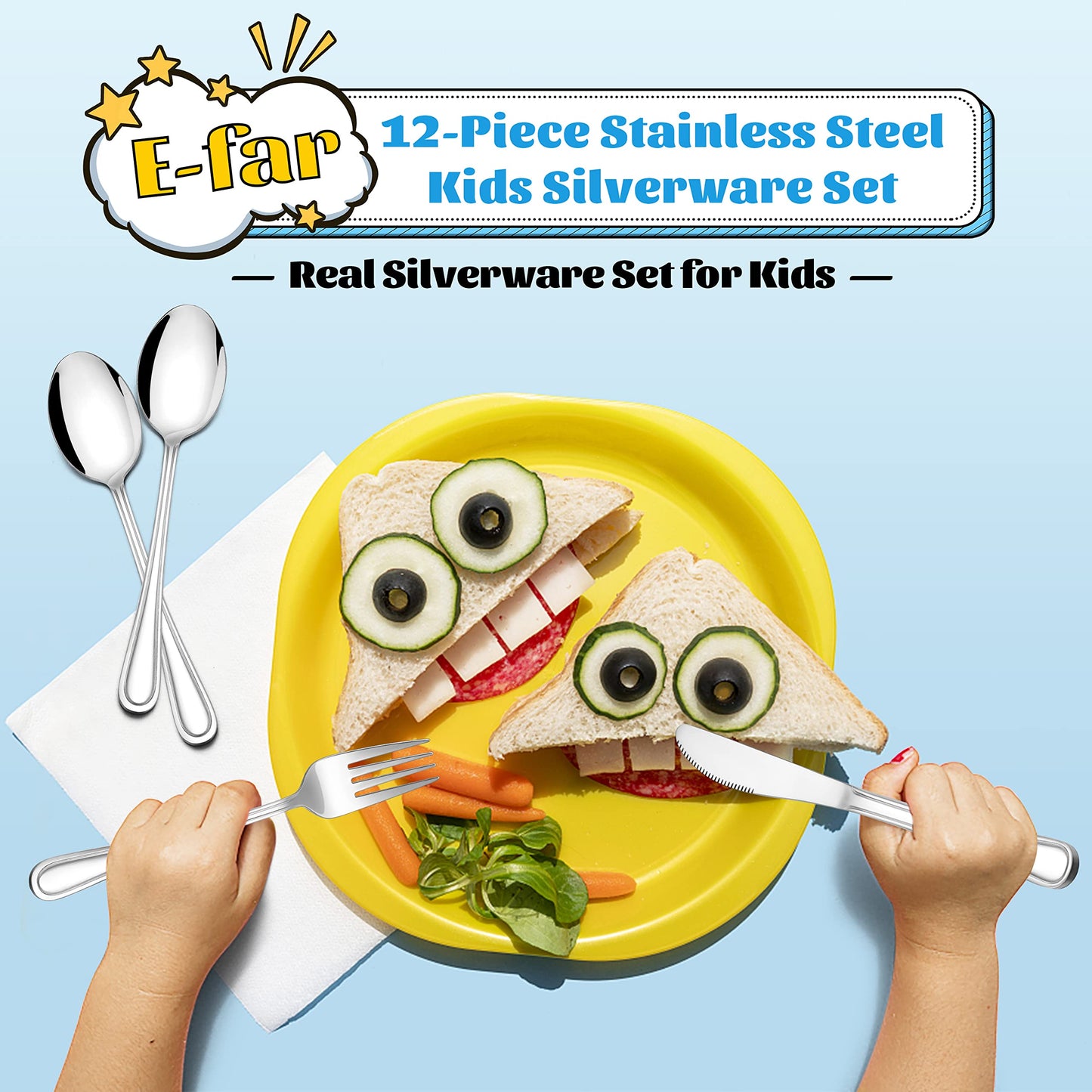 E-far 12-Piece Kids Silverware, Stainless Steel Toddler Kids Utensils Safe for Preschooler/Children, Includes 4 Forks 4 Spoons 4 Knife, Slimline Adult Look & Small Size, Rust Free & Dishwasher Safe