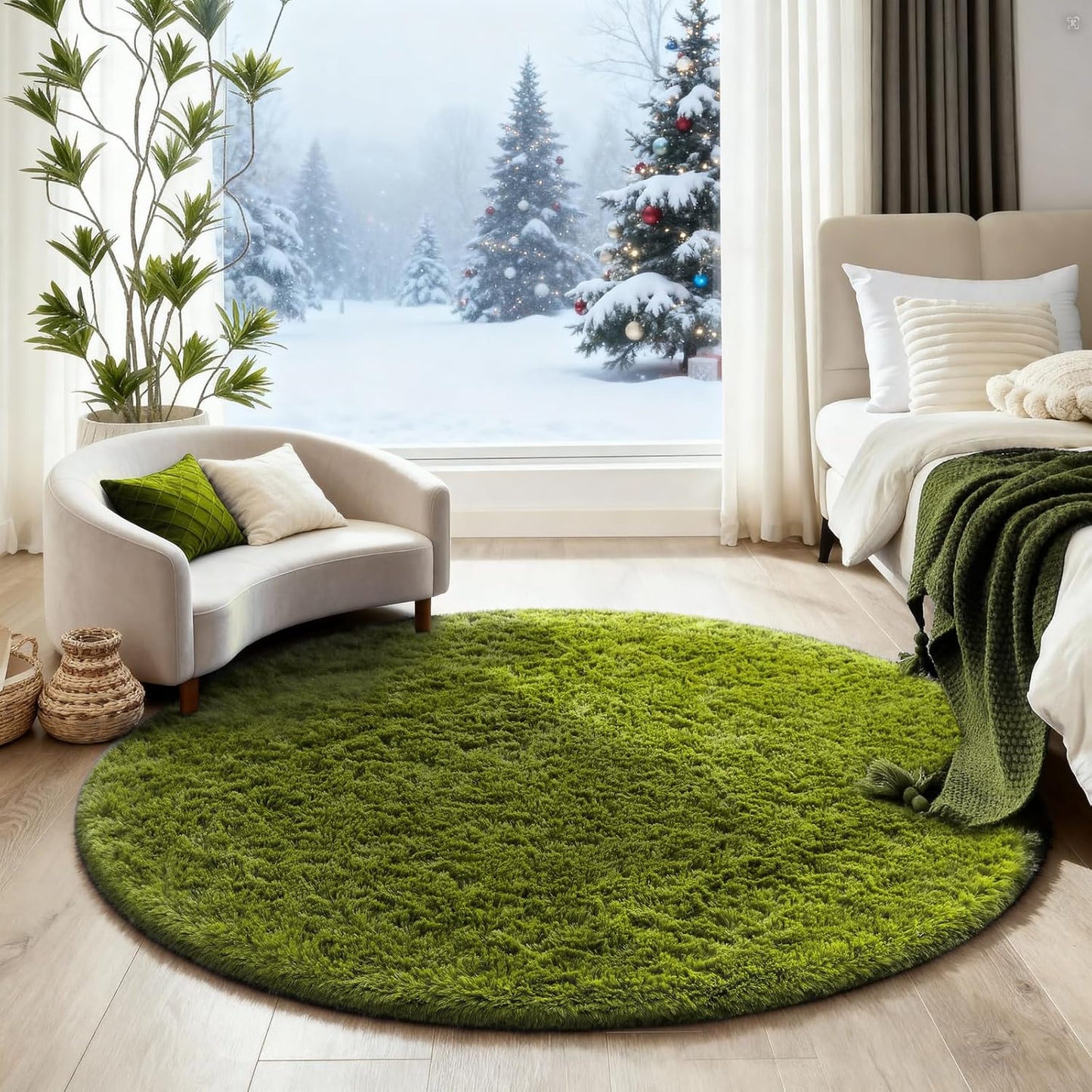 Ophanie Green Round Rug - 4Ft Plush Circle Area Rug for Kids' Room | Soft Shaggy Bedroom Decor