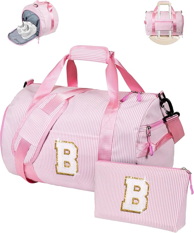 Cute Preppy Gifts for Girls, Girl Gym Bag, Kids Initial Overnight Duffel Bags with Shoe Compartment, Personalized Travel Bag with Makeup Pouch, Trendy Stuff for Teen Sister(Letter B)
