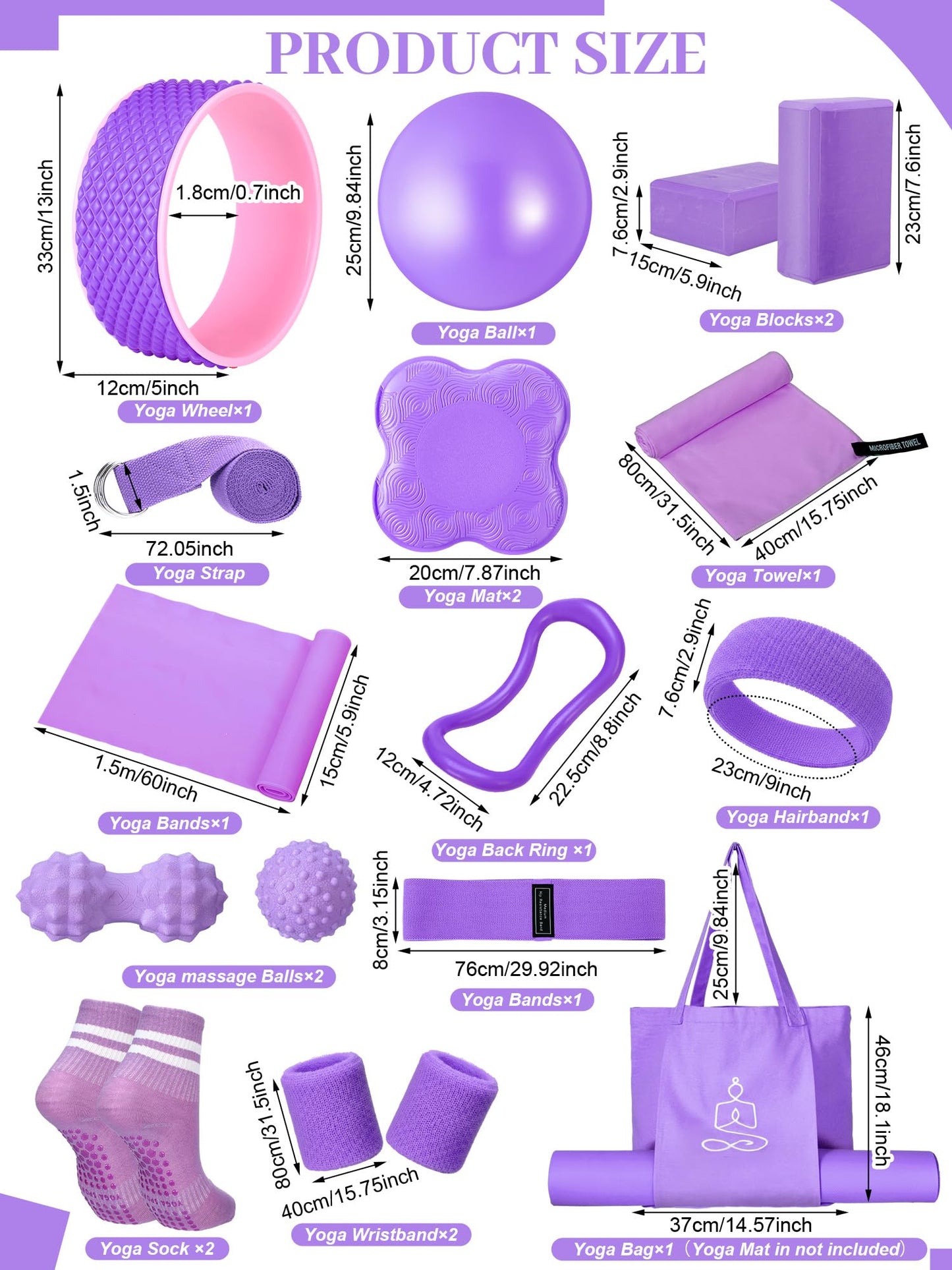 17 Pcs Yoga Essential Kit for Women, Pilates Equipment Starter Set for Beginners with Yoga Wheel Ball Blocks Strap Resistance Bands Wrist Rings Socks Towel & Carry Bag for Home Workouts(Purple)