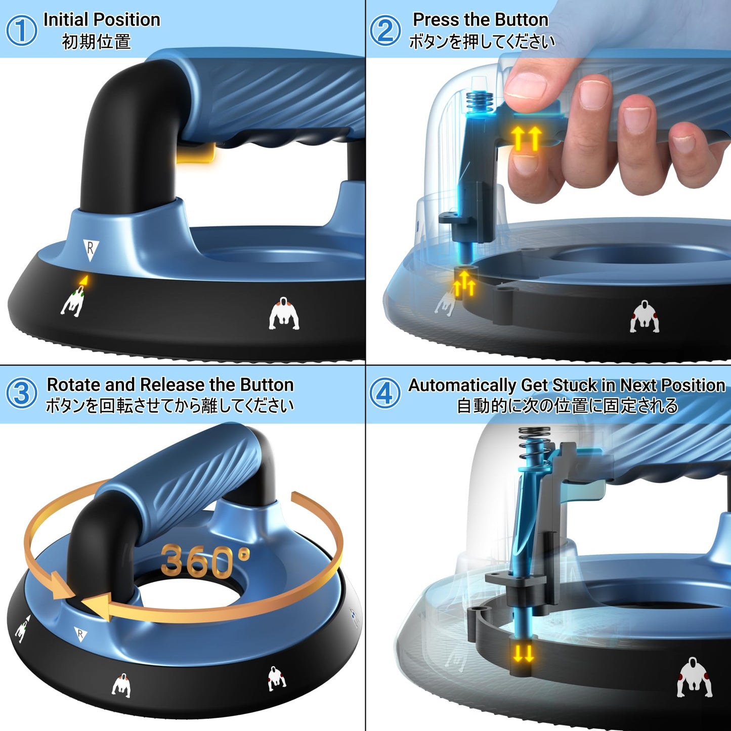 READAEER 360° Rotatable and Positionable Push Up Bars，Rotating Handle Design with Bearings for Smooth, Effortless for a Wider Range of Motion, Handle Rotation, Wide Grips with Non-Slip Rubber Pads for Comfort Exercise(Blue)