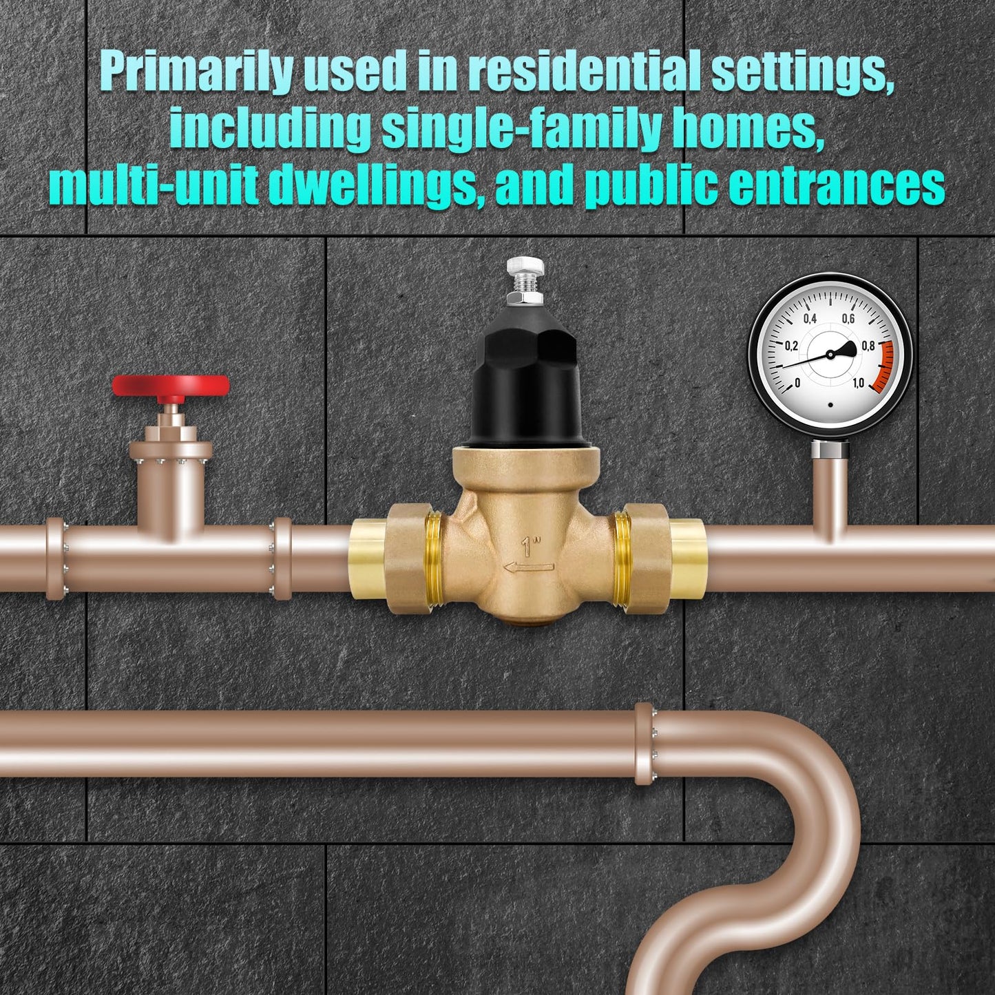 NR3XLDU 1" Brass Pressure Reducing Valve With Double Union FNPT Connection, Built-In Stainless Steel Filter, Primarily Used In Residential Settings And Public Entrances