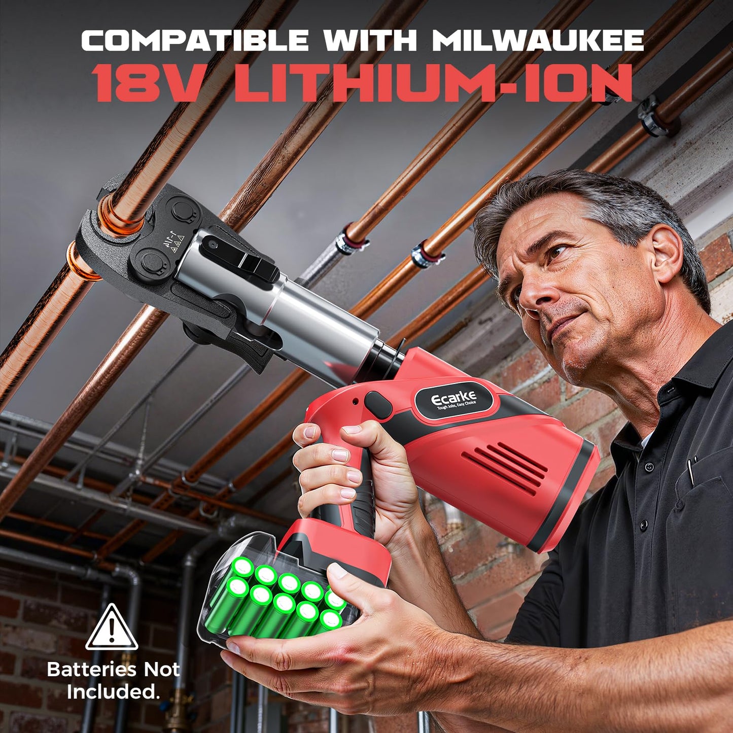 Ecarke Pro Press Tool Compatible with Milwaukee 18V battery, Cordless Plumbing Pipe Press Tool Kit for 1/2" to 2" Copper Pipe and Stainless Steel Pipes, 360° Rotation, 6 Pro Press Jaws, Tool Only