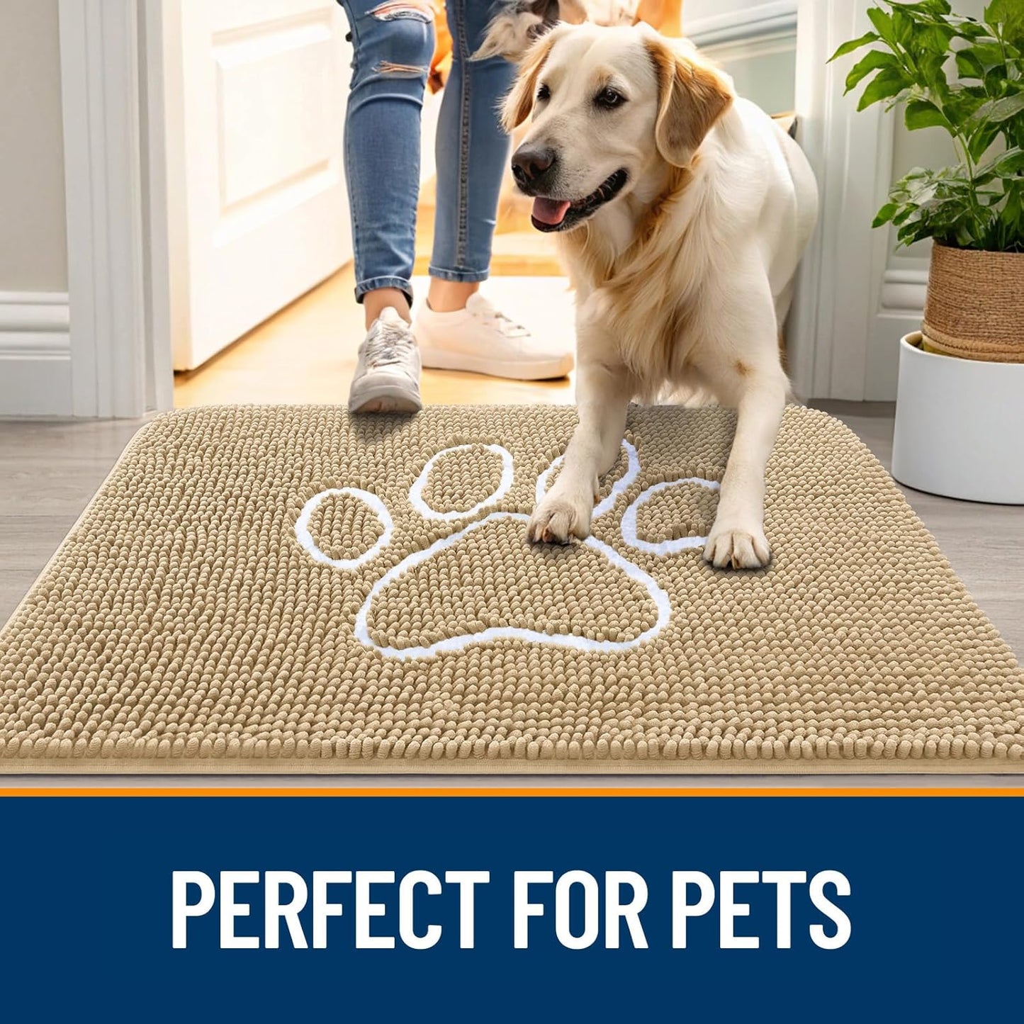 OLANLY Dog Door Mat - Absorbent Non-Slip Mud Mat for Muddy Paws | 47x24 Paw Print Design, Quick Dry Beige