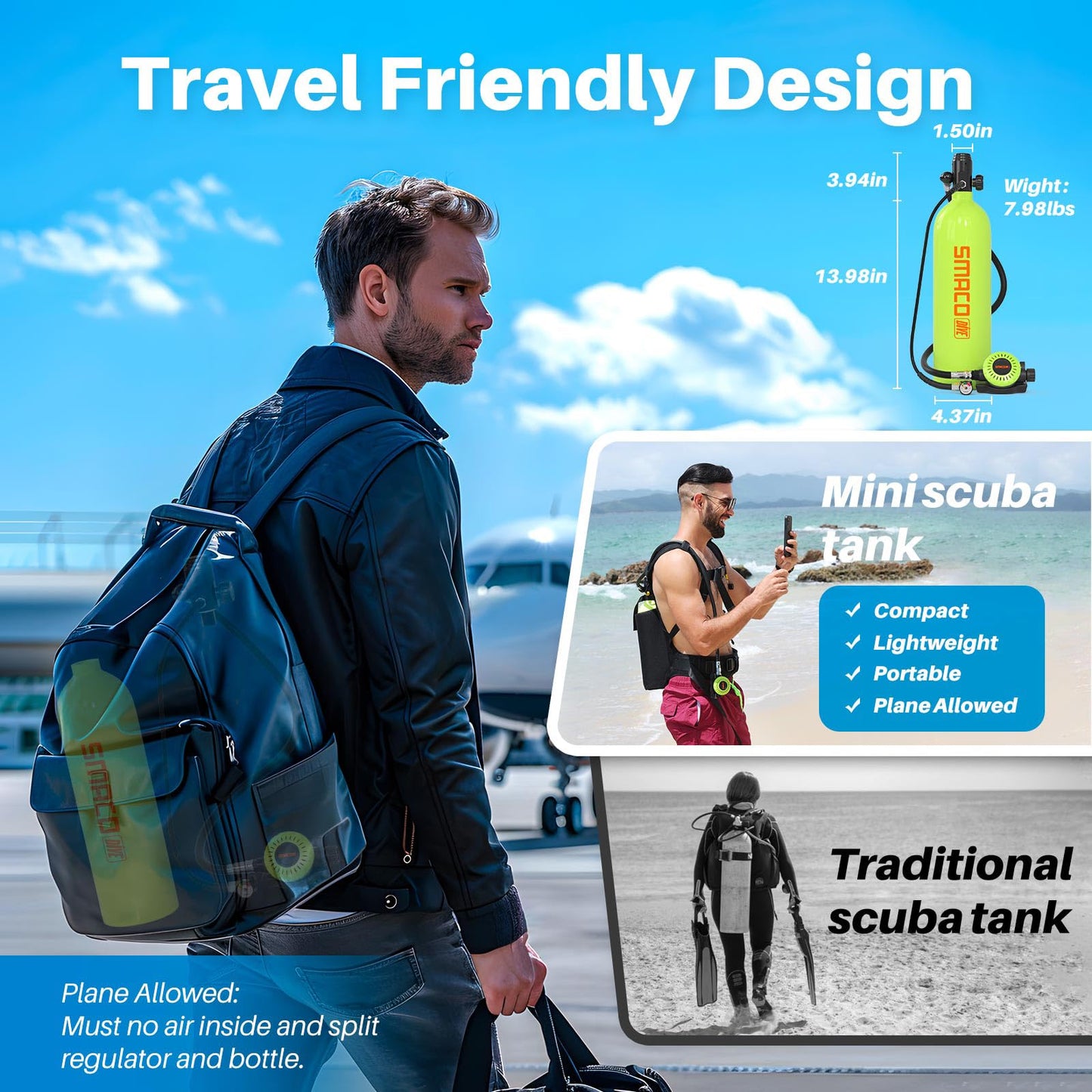 SMACO S700 Plus Mini Scuba Tank 1.9L Portable Diving Tank Reusable Pony Bottle for Underwater Exploration Lung Air Tank Kit Diving Cylinder for Emergency Rescue Boat Cleaning Backup Air Source