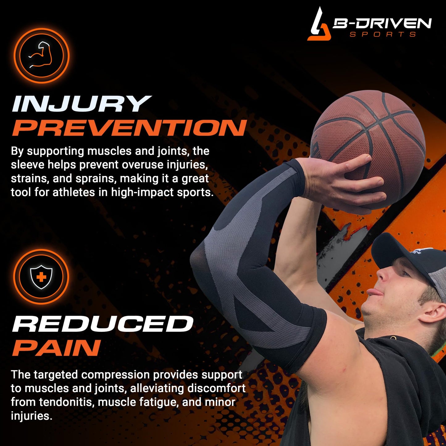B-Driven Sports Enhanced Compression Sleeves - Arm Sleeves for Men & Women with Medical Grade Compression 20-30 mmHg for Basketball, Baseball, Football, Volleyball, Weightlifting, Golf, Running - Pair