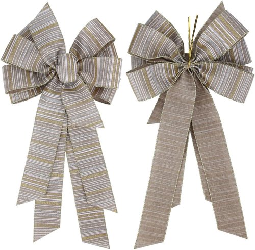 Meseey Burlap Ribbon Bow - Large 11 x 20 Inch Gold & Silver Glitter Stripe for Christmas Gifts & Party Decor