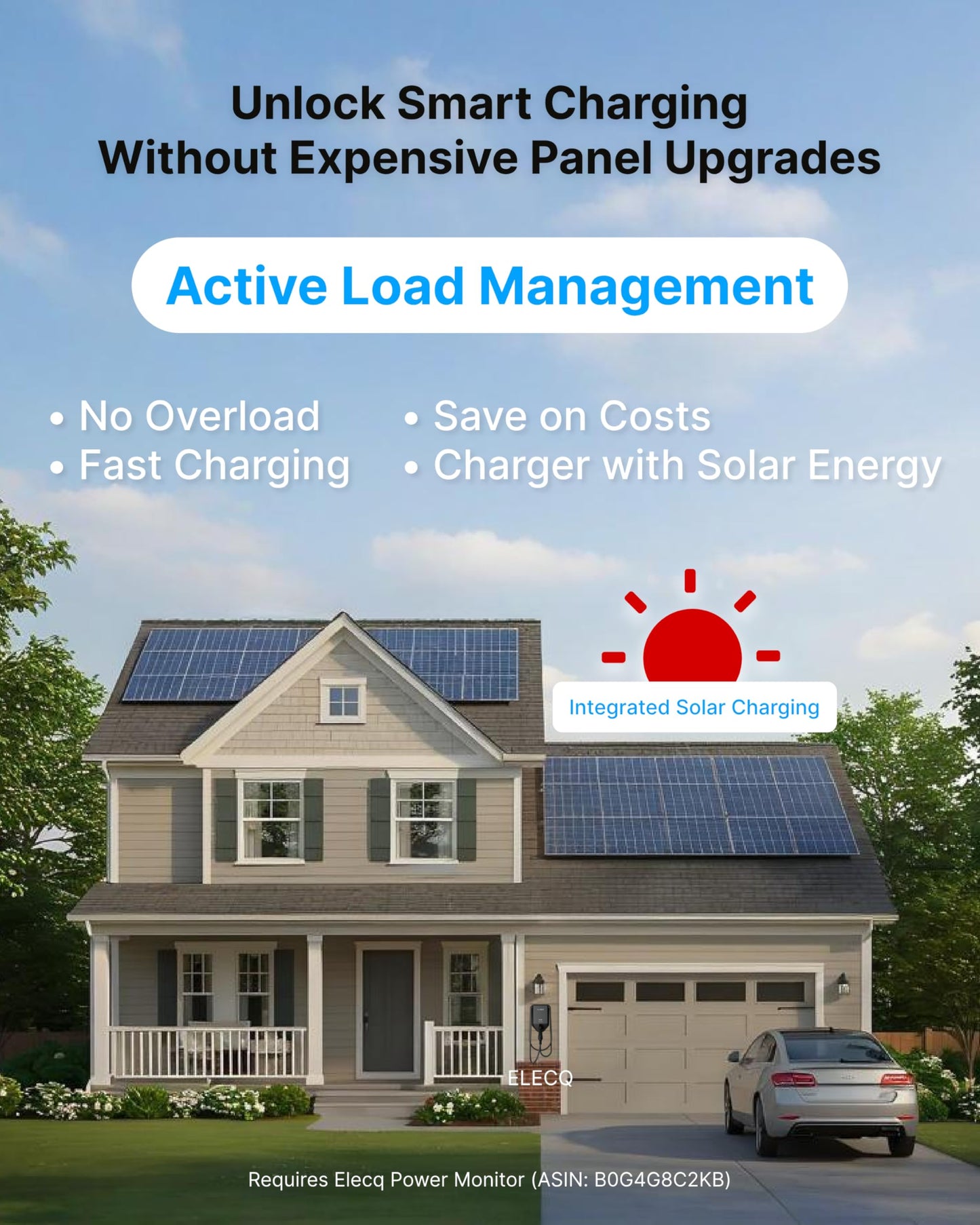 ELECQ Smart Level 2 EV Charger, Active Load Management, Solar EV Charging Mode, Wi-Fi Enabled, OCPP Compatible & Future-Proof, 40A NEMA 14-50 Plug-in EV Charger for Home with J1772 Connector