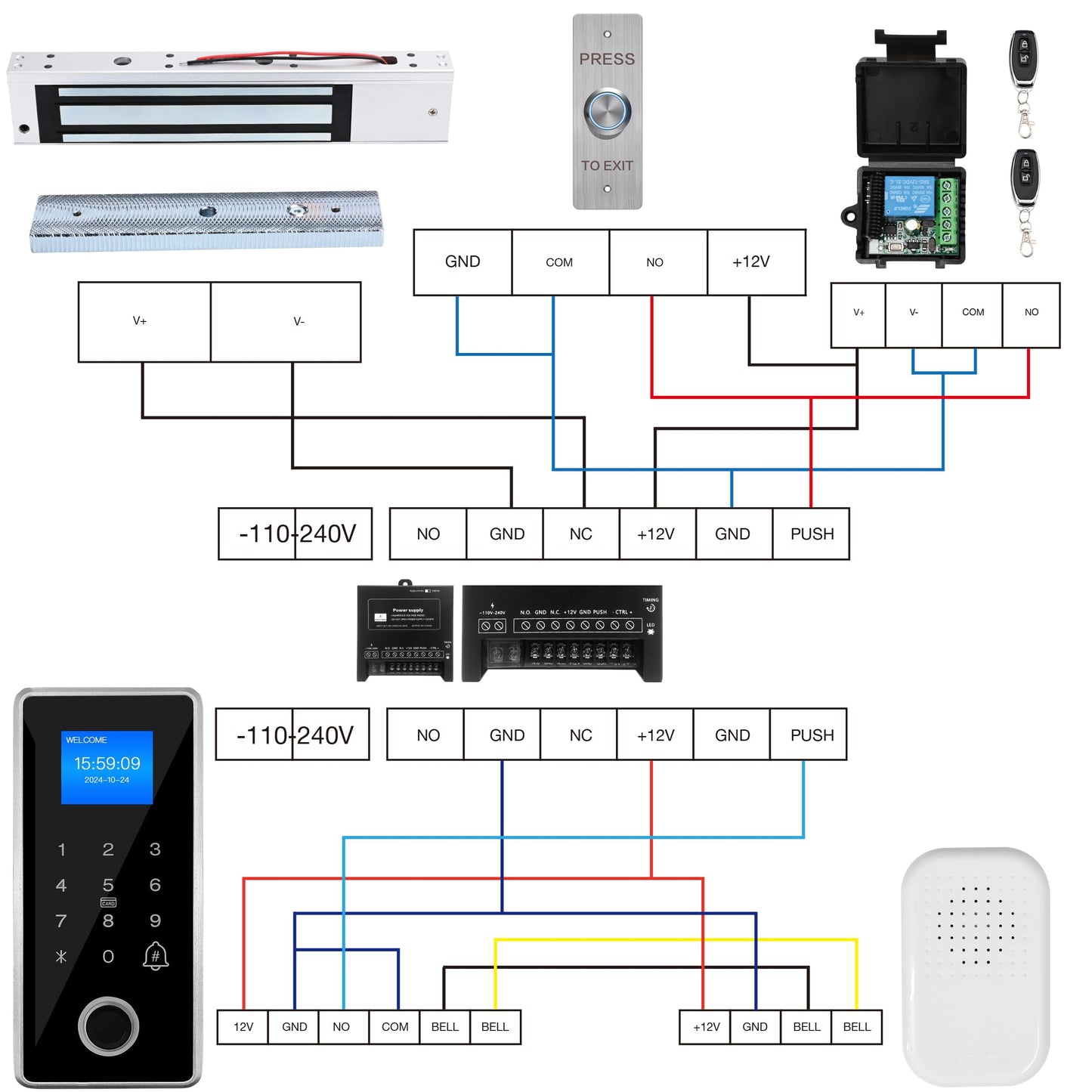 Waterproof Fingerprint Door Access Control System kit, Includes a 1200LB Magnetic Lock,RFID keypad, remotes, exit Button, Entry keypad, and a 110V AC to 12V DC Power Supply (Fingerprint-1200LB Kits)