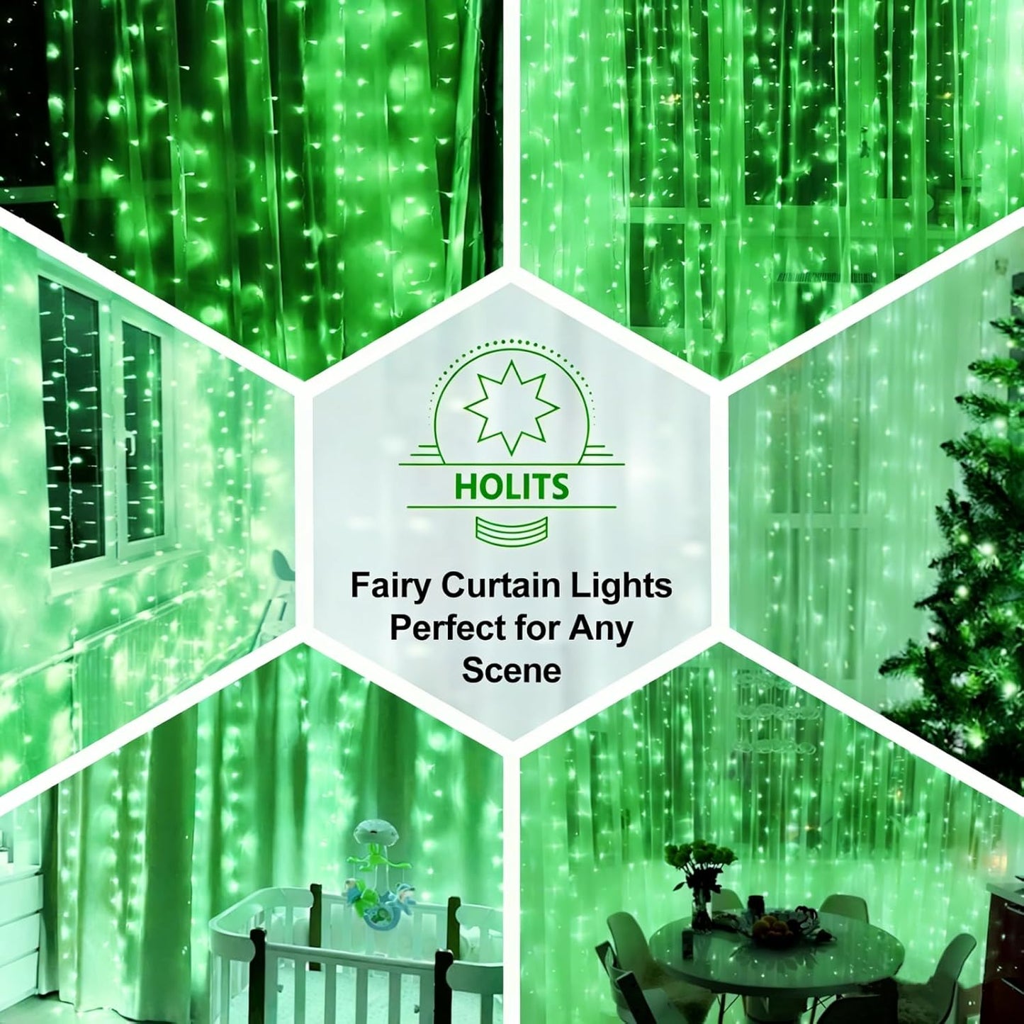 Skiennix 300 LED Fairy Curtain Lights - 9.8 x 9.8FT Green USB Plug with 8 Modes & Remote for Christmas, Weddings, Indoor/Outdoor Decor