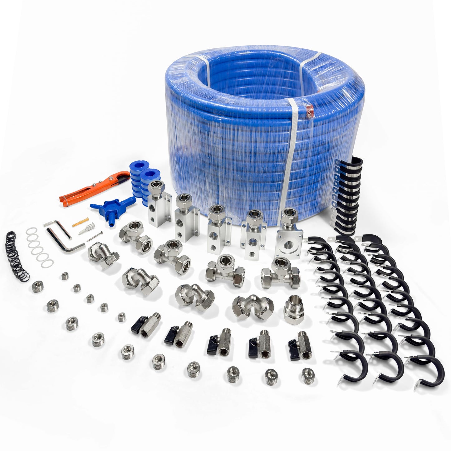 FIDEURSUS Compressed Air Piping System with 3/4 Inch ID x 200 feet HDPE Tubing & Aluminum Outlet Blocks for Garage Connect Air Compressor Line Kit Accessories for Shop | 200 PSI | 53PCS |9120