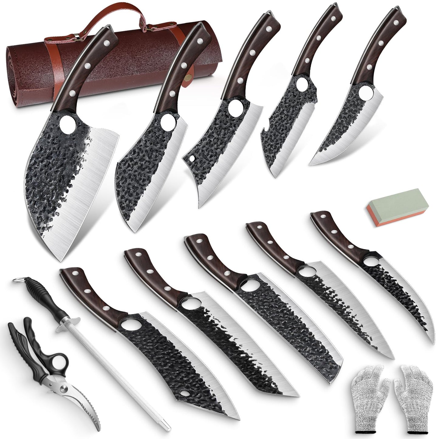 DRGSKL Serbian Chef Knife Set - 10 PCS Hand Forged Butcher Knife Set with Bag - High Carbon Steel Kitchen Knives - Meat Cleaver Viking Boning Knives for Brisket Trimming - Gifts for Mom