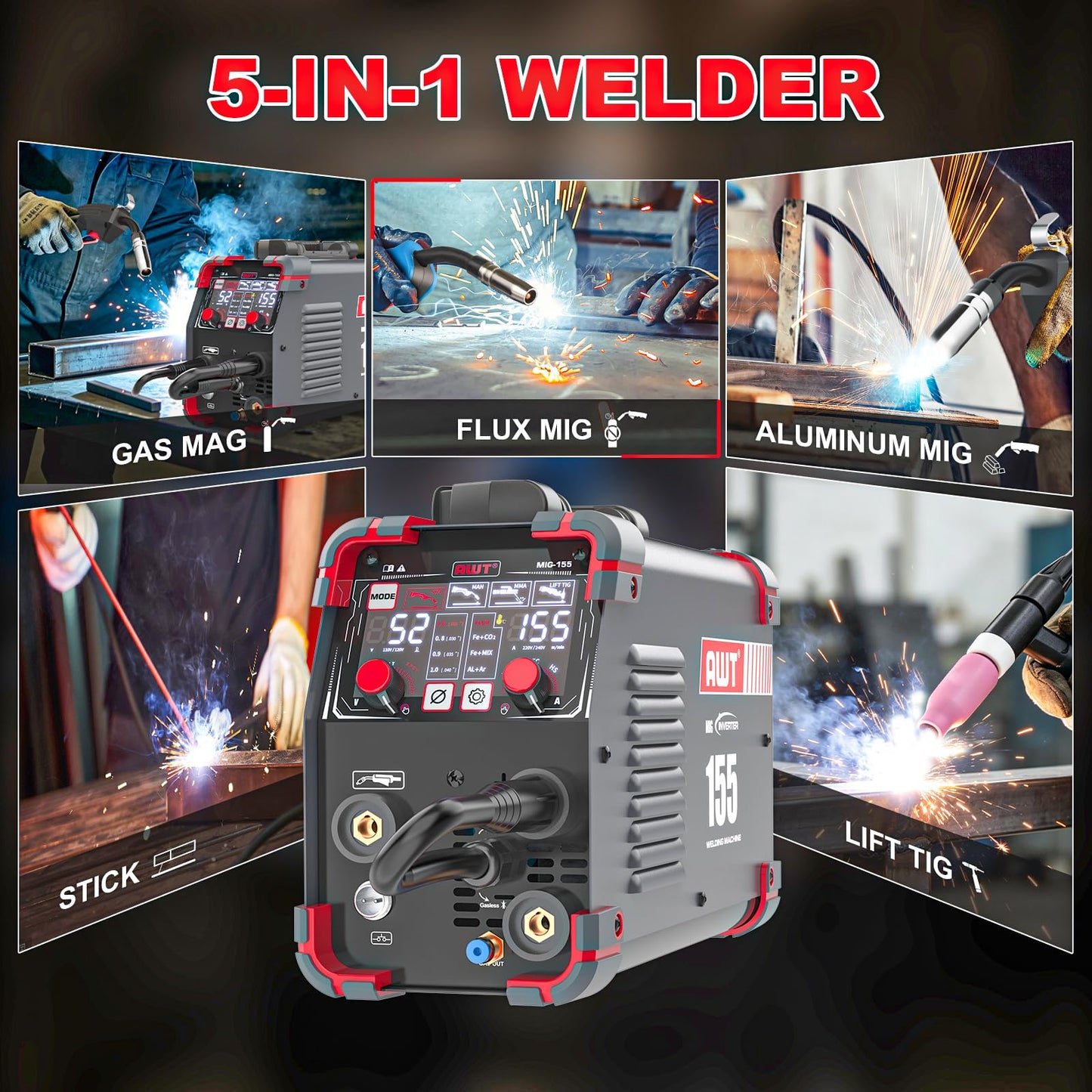 AWT Aluminum 155A MIG Welder,5 in 1 Gas MAG/Aluminum MIG/Gasless Flux Core MIG/Stick/Lift TIG Aluminum MIG Welding Machine,110/220V Welding Machine with Multiprocess Wire Feed