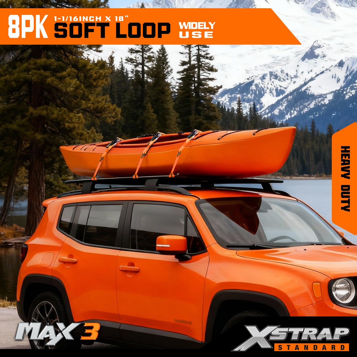 XSTRAP STANDARD Soft Loop Tie-Down Straps 8PK 1-1/16 x 18 inches - 3600LB Breaking Strength, Loops for Securing Trailering of Bikes, ATV, UTV, Motorcycles, Scooters, Dirt Bikes, Lawn Equipment, Orange