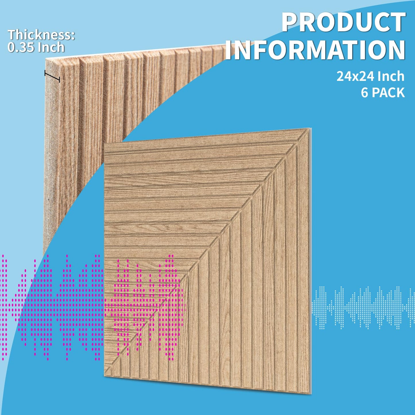 Art3d 6-Pack Self-Adhesive Acoustic Wall Panels for Home Décor, 24 x 24 Inch Soundproofing Panels for Office Studio Bedroom - High Noise Absorption Polyester Fiber, Wood Grain Airbrush