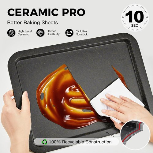 HONGBAKE Ceramic Baking Sheet Pan Set - Premium Cookie Sheets with Wider Grips | 3 Pack in Dark Grey