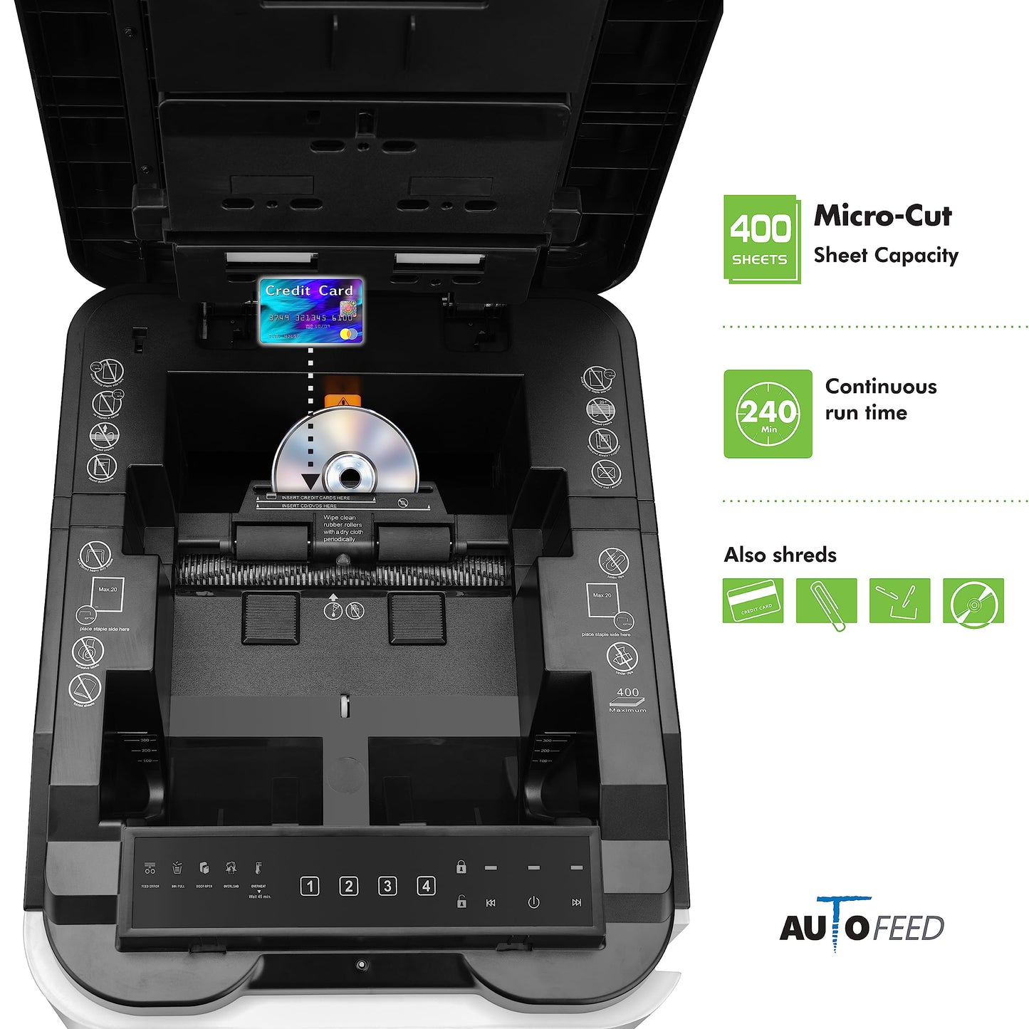 Aurora Commercial Grade 400-Sheet Auto Feed High-Security Micro-Cut Paper Shredder/ 240 Minutes/Security Level P-5