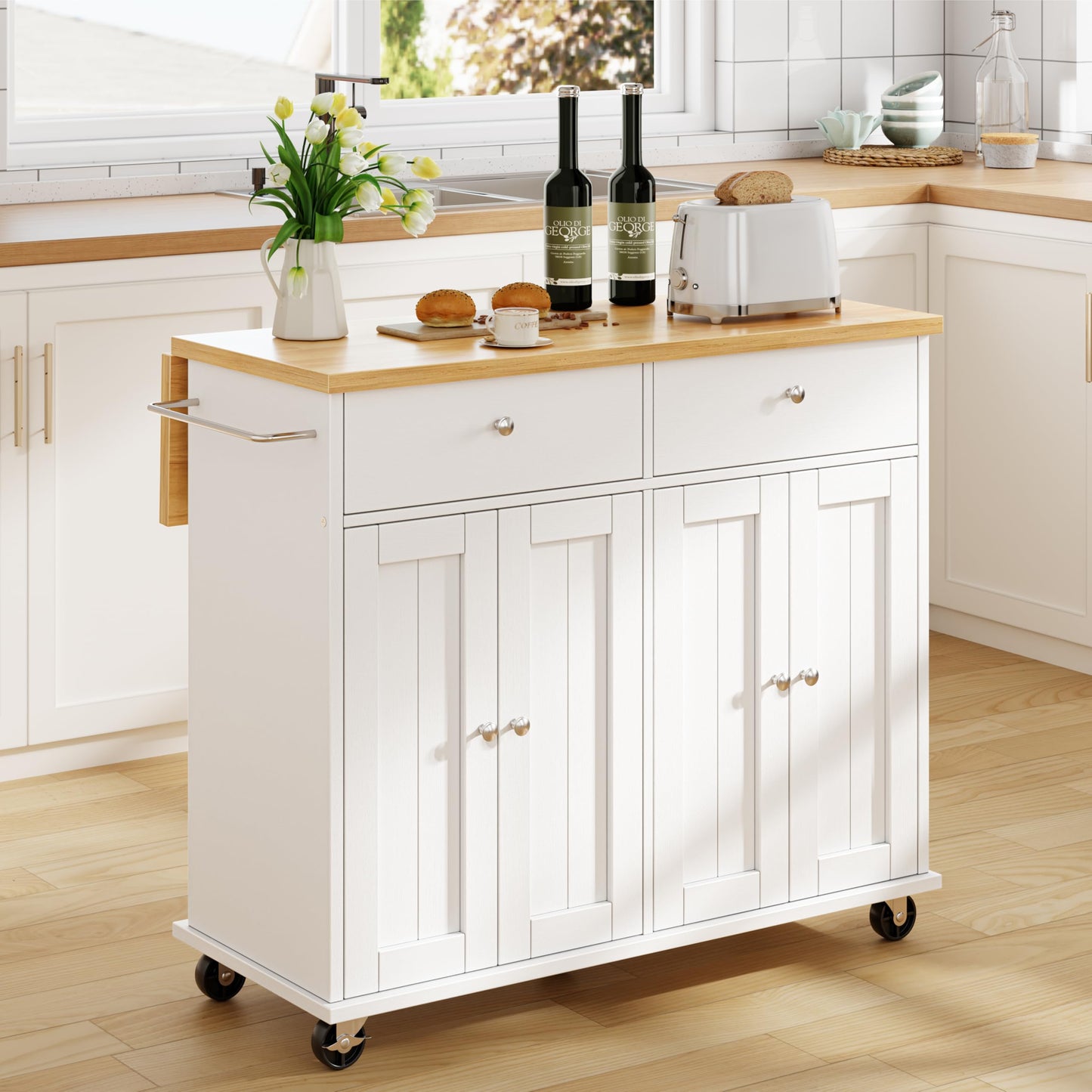 JY QAQA 39" Kitchen Island on Wheels with Storage Cabinet Kitchen Cart Cabinet with Shelves, Cart Handle for Towel Rack or Free Mobility, Portable Islands for Kitchen, White