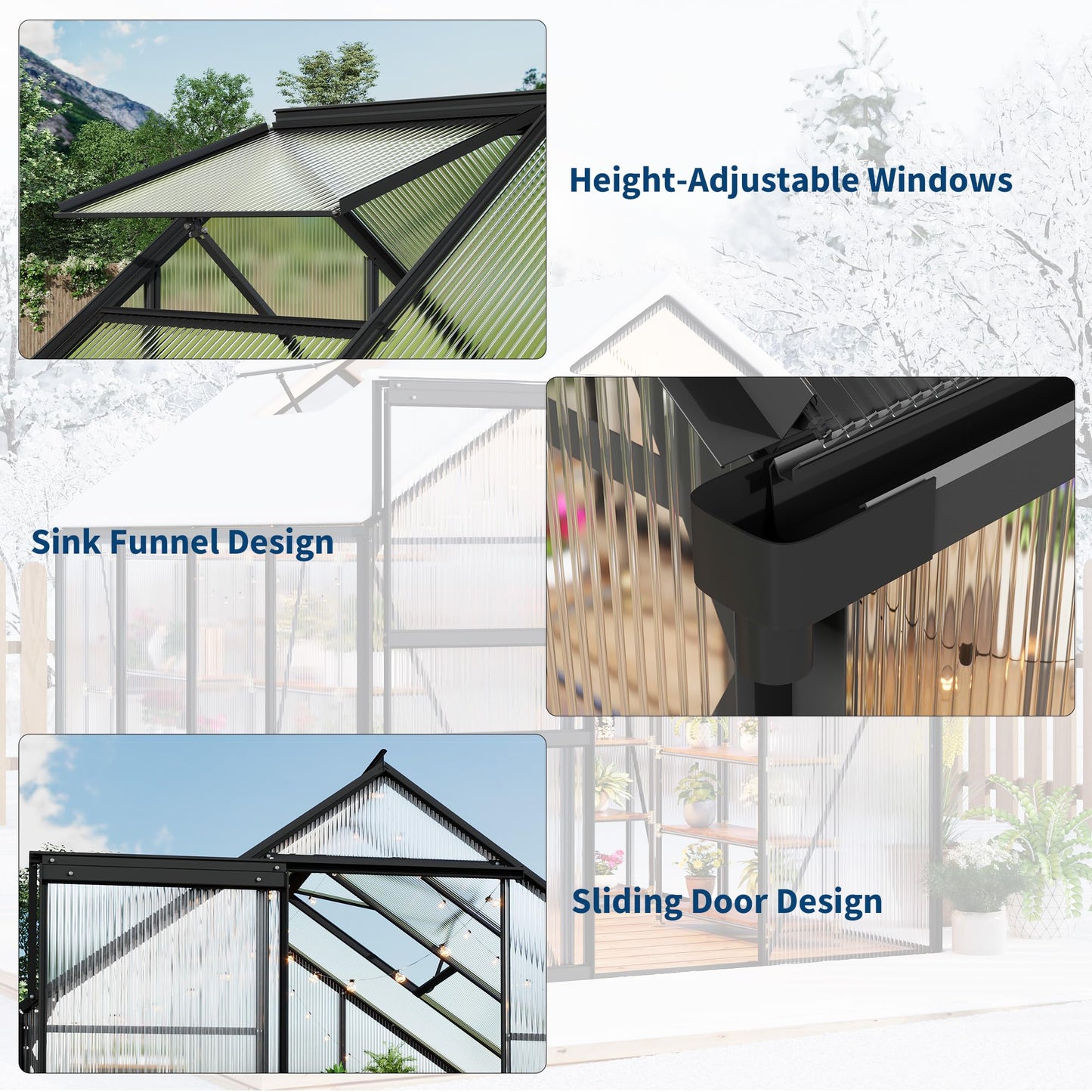 6x8FT Greenhouse for Outdoors, Walk-in Polycarbonate Greenhouse with Sliding Door, Adjustable Roof Vent & Gutter System, Portable Outdoor Green House Kit for Winter Gardening