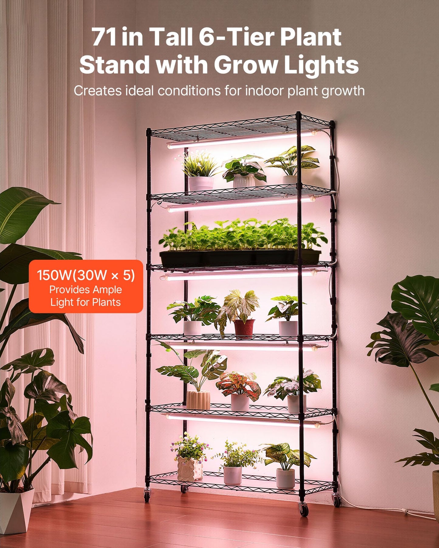 VEVOR Plant Shelf with Grow Light, 6-Tier Indoor Plant Stand, 71in Tall Indoor Plants Display Rack with Wheels & Timer, 150W 3800K Full Spectrum Grow Lights, Metal Flower Pot Holder for Seed Starting