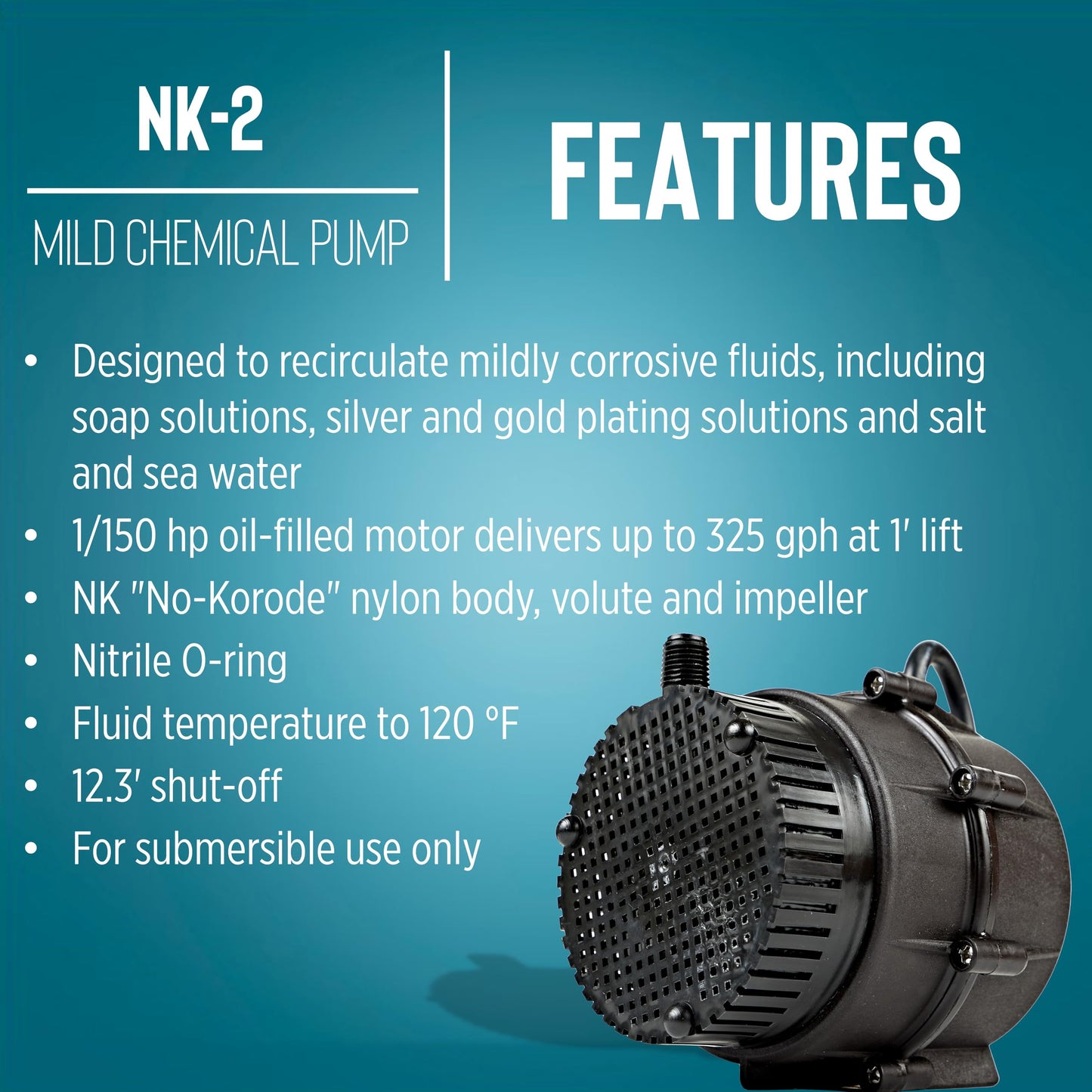 Little Giant NK-2 "NO-KORODE" Series, 115 Volt, 1/40 HP, 325 GPH Mild Acid, Alkalis and Hard Water Manual Submersible Pump with 18-Ft. Cord, Black, 527176