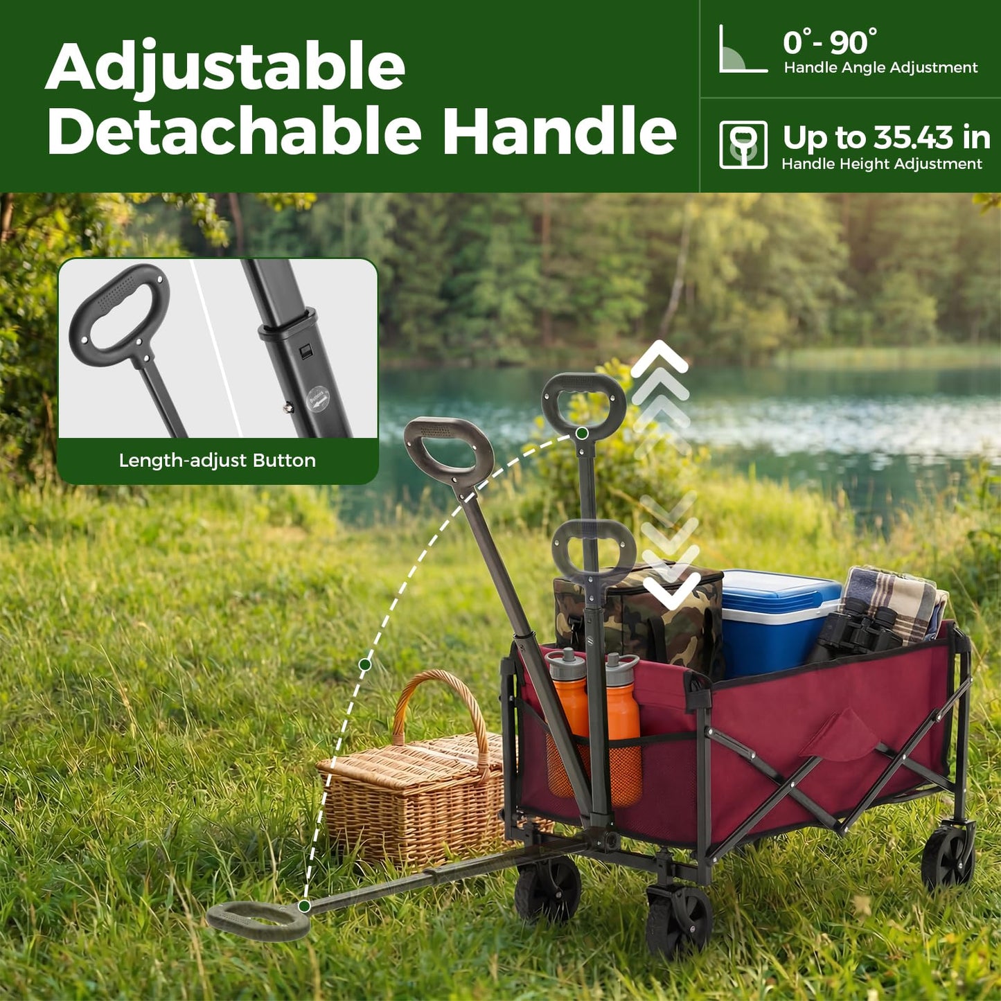 DUMOS Collapsible Wagon Cart, Heavy Duty Foldable Utility Wagon with Wheels – 220 lbs Capacity, Flexible Handle for Beach, Garden, Sports, Grocery & Camping, Red