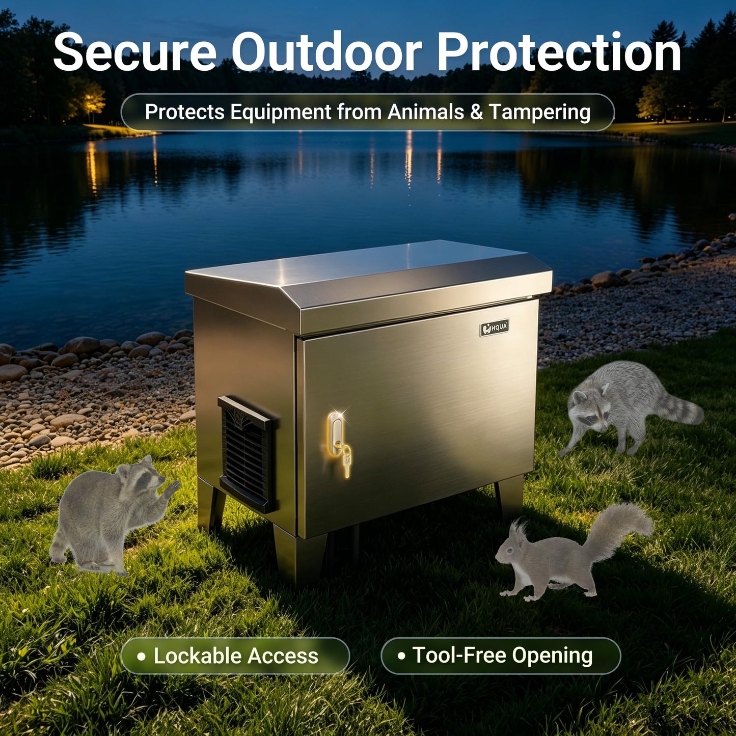 HQUA PRO Stainless Steel Pond Aerator Pump Cover Cabinet, Corrosion-Resistant Outdoor Protection System with Cooling Fan, Pre-Wired Outlet & 10 ft Power Cord, Heavy-Duty Enclosure